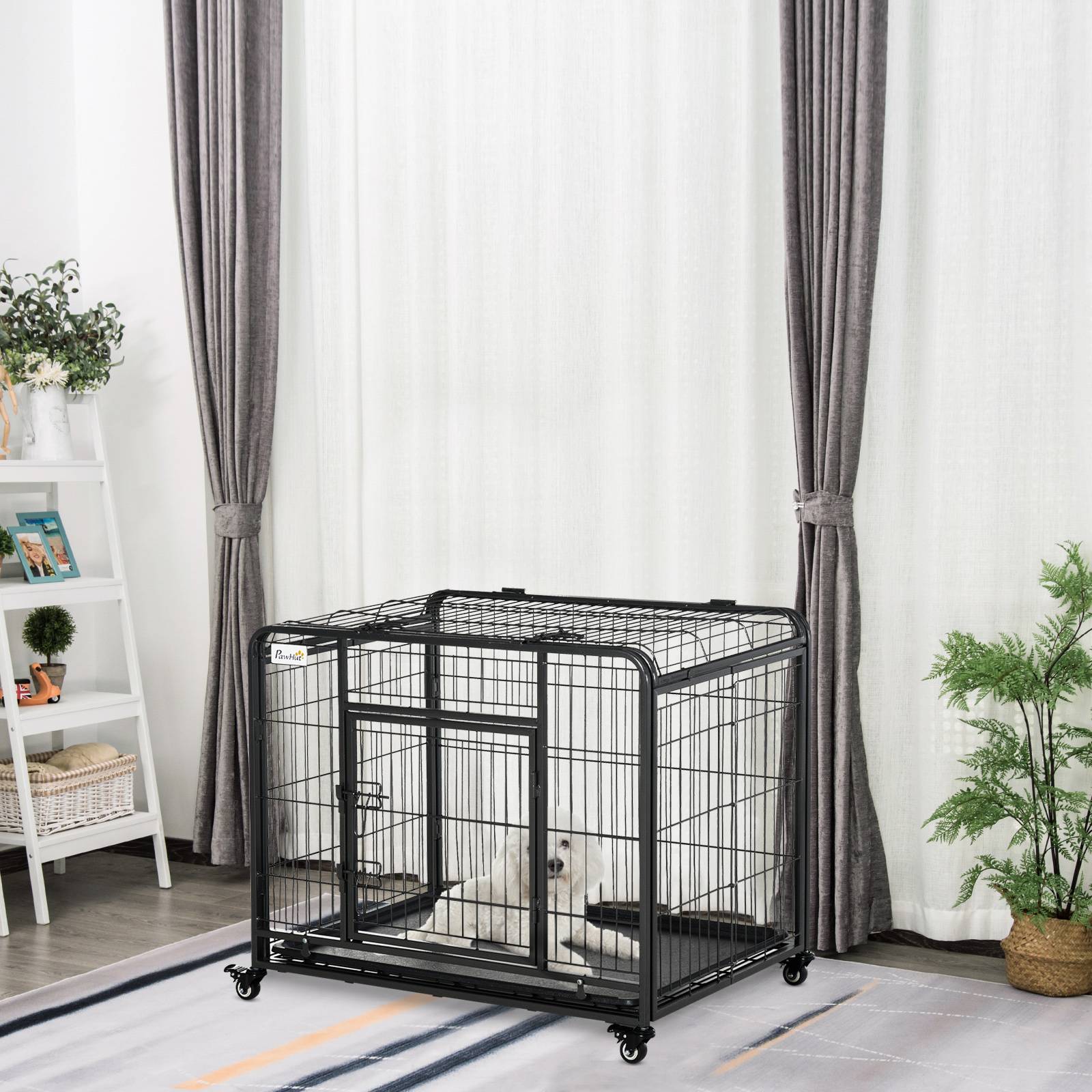 Cage de transport pliable pour chien avec double porte verrouillable, 4 roues avec freins et fond amovible, 94 x 58 x 69,5 cm, grise - Image 3