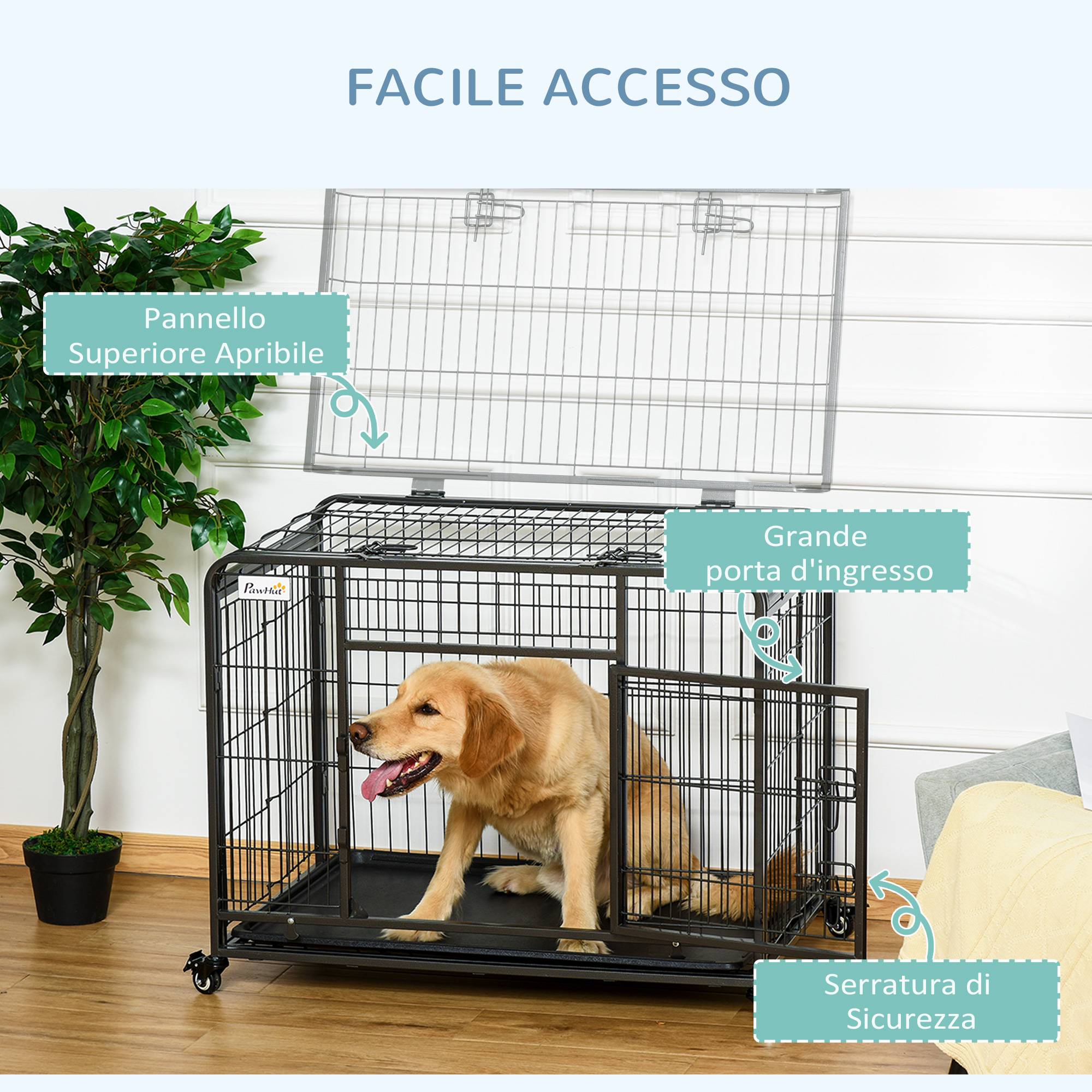 Cage de transport pliable pour chien avec double porte verrouillable, 4 roues avec freins et fond amovible, 94 x 58 x 69,5 cm, grise - Image 8