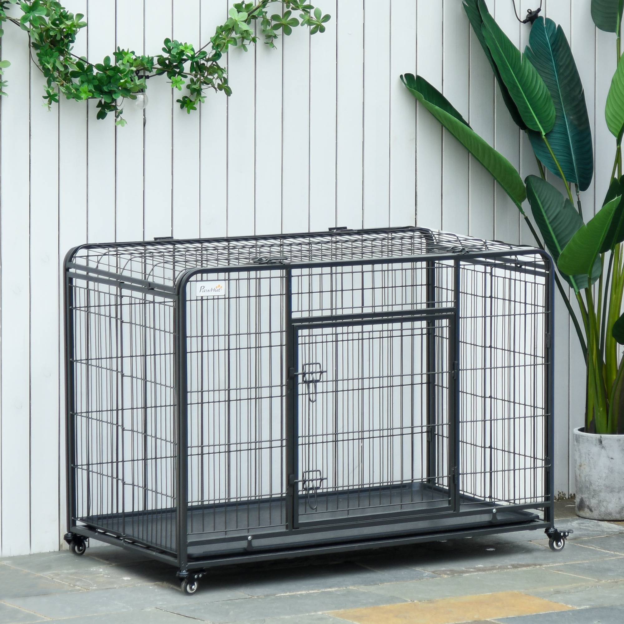 Cage de transport pliable pour chien avec double porte verrouillable, 4 roues avec freins et fond amovible, 94 x 58 x 69,5 cm, grise - Image 4