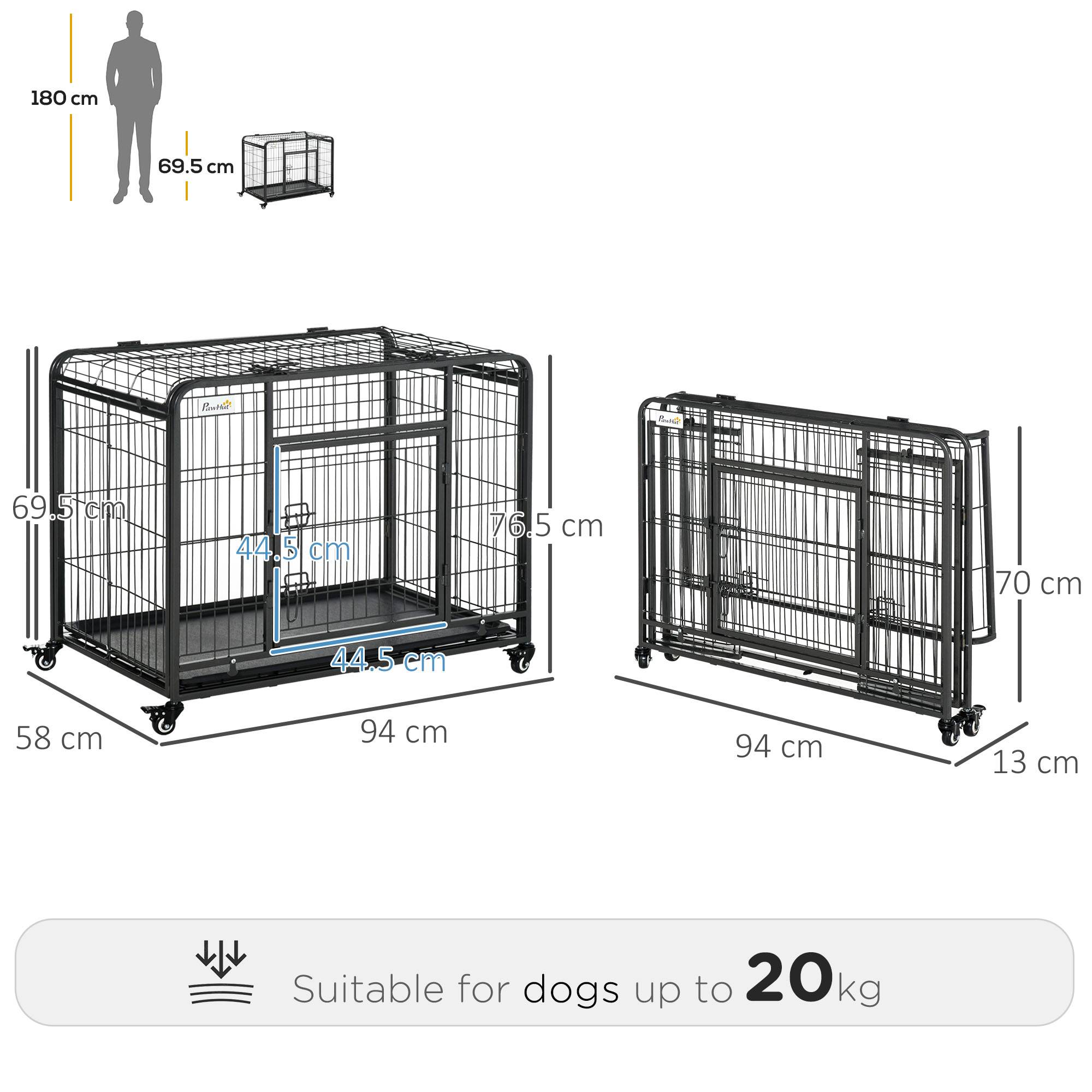 Cage de transport pliable pour chien avec double porte verrouillable, 4 roues avec freins et fond amovible, 94 x 58 x 69,5 cm, grise - Image 5