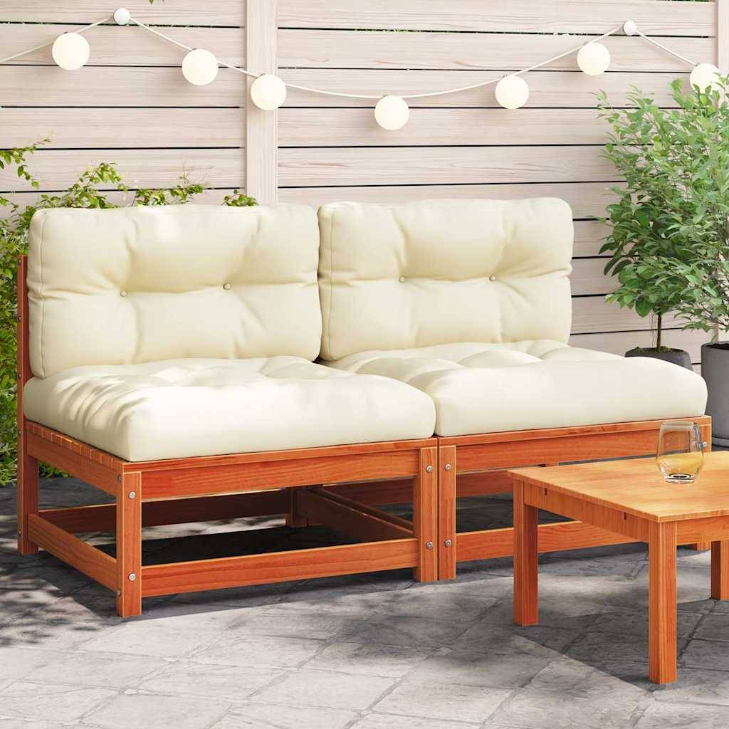 Lot 2 Canapés Simples Pin Massif Cire Marron avec Coussins Crème Doux et Confortables – ComfortXL Outdoor Living - Image 1