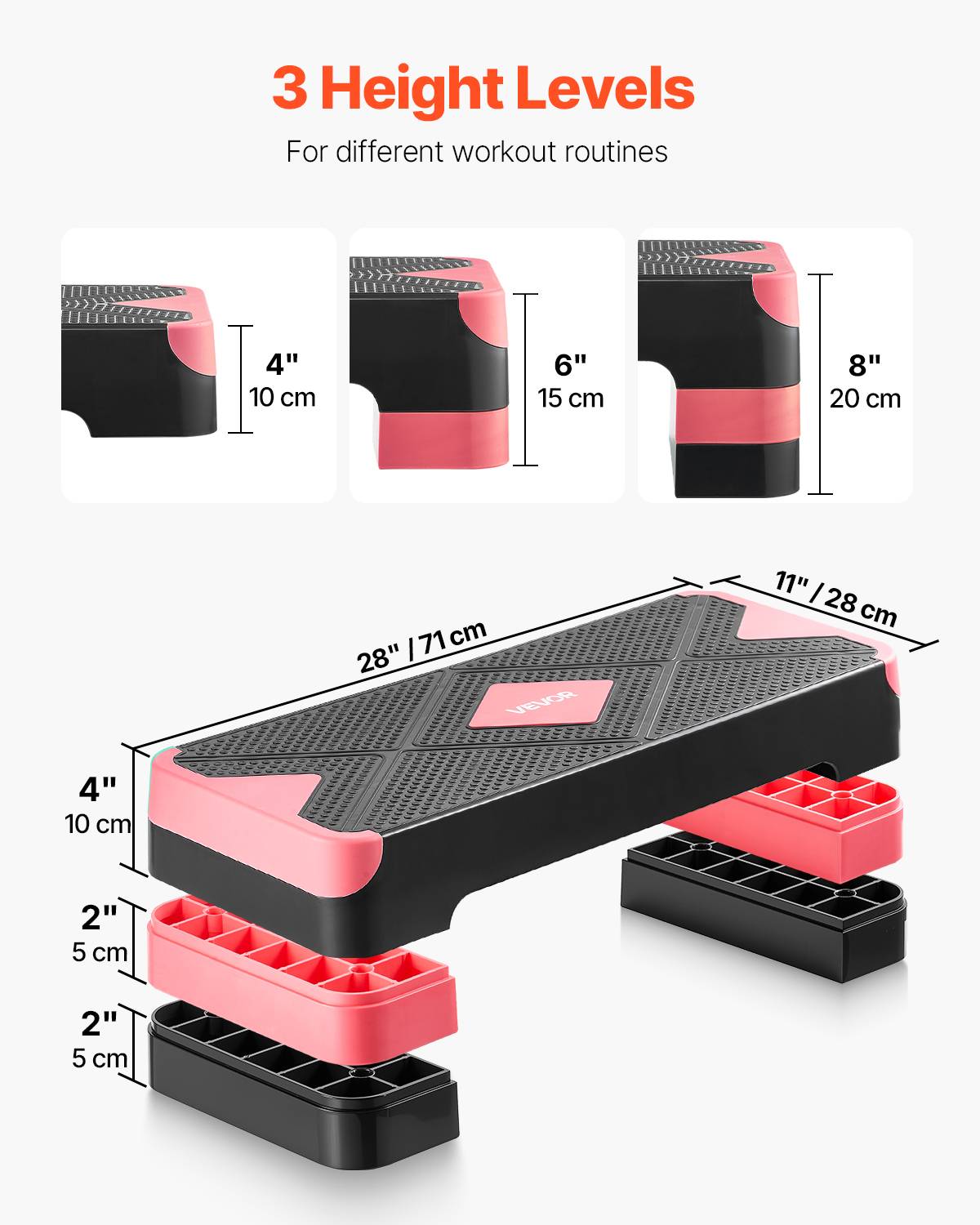 Vevor - VEVOR Stepper Aerobie 71 cm, step réglable 3 hauteurs 10-20 cm, antidérapant avec 4 rehausseurs, compact et robuste, rouge. - Image 4