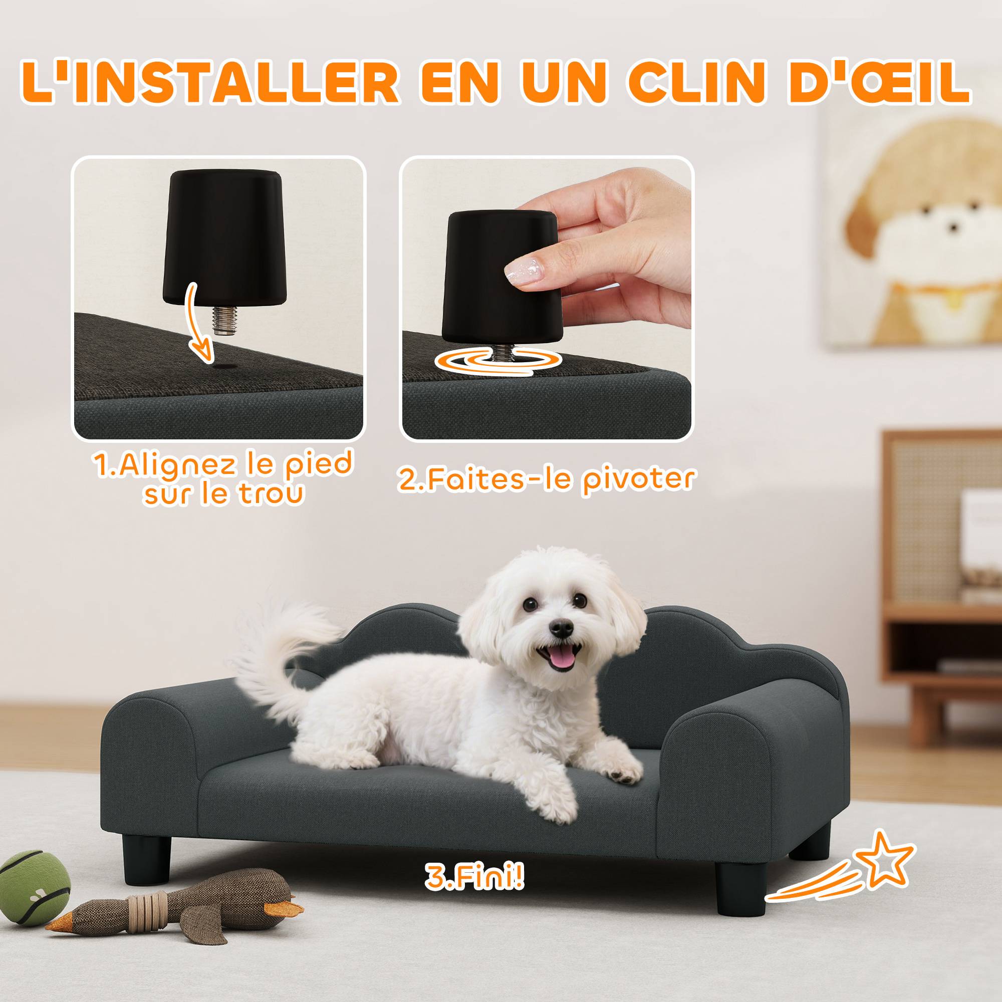Sans Marque - Canapé pour chien, canapé pour animal de compagnie avec dossier et accoudoirs, respirant, 66 x 42 x 28,5 cm, gris foncé - Image 9