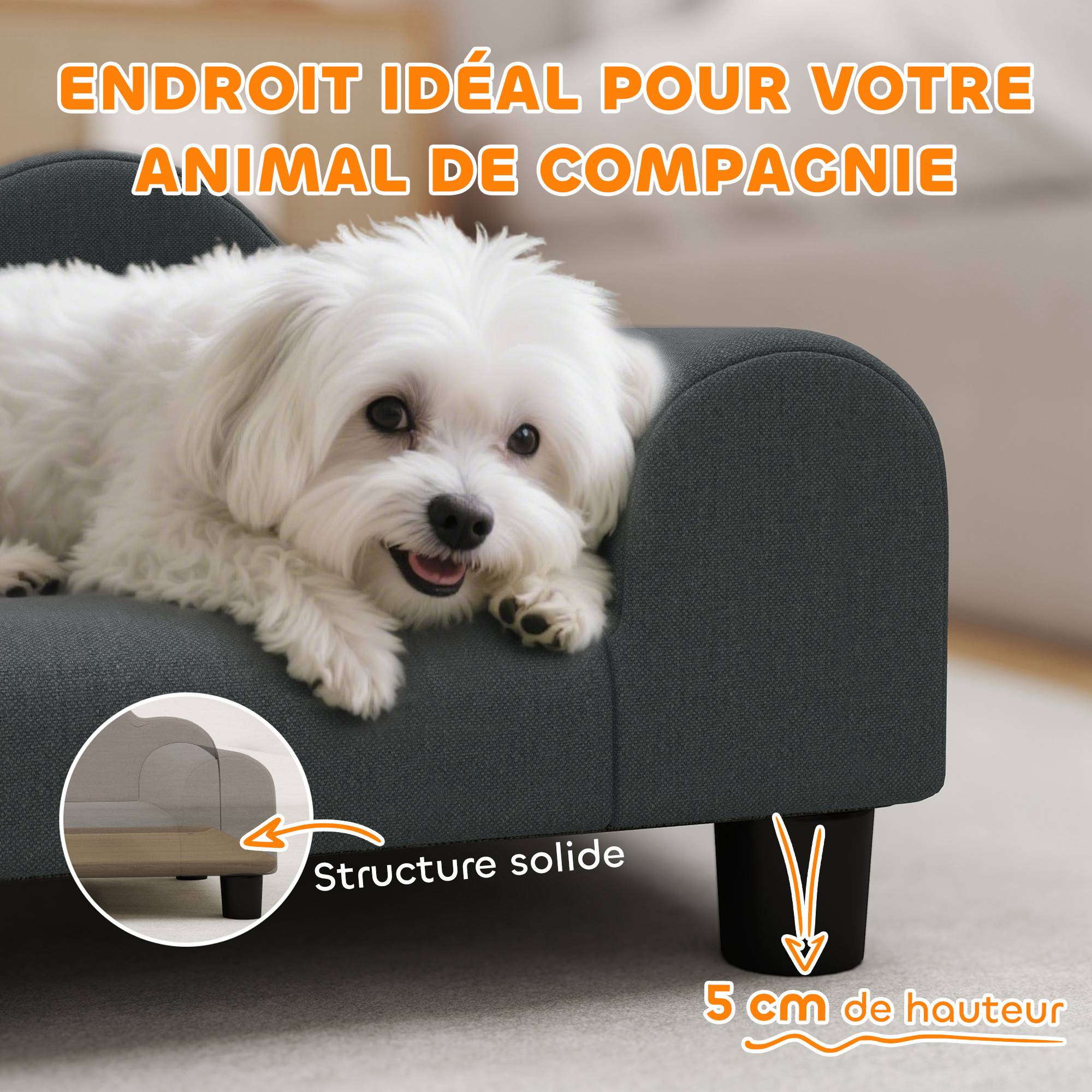 Sans Marque - Canapé pour chien, canapé pour animal de compagnie avec dossier et accoudoirs, respirant, 66 x 42 x 28,5 cm, gris foncé - Image 8
