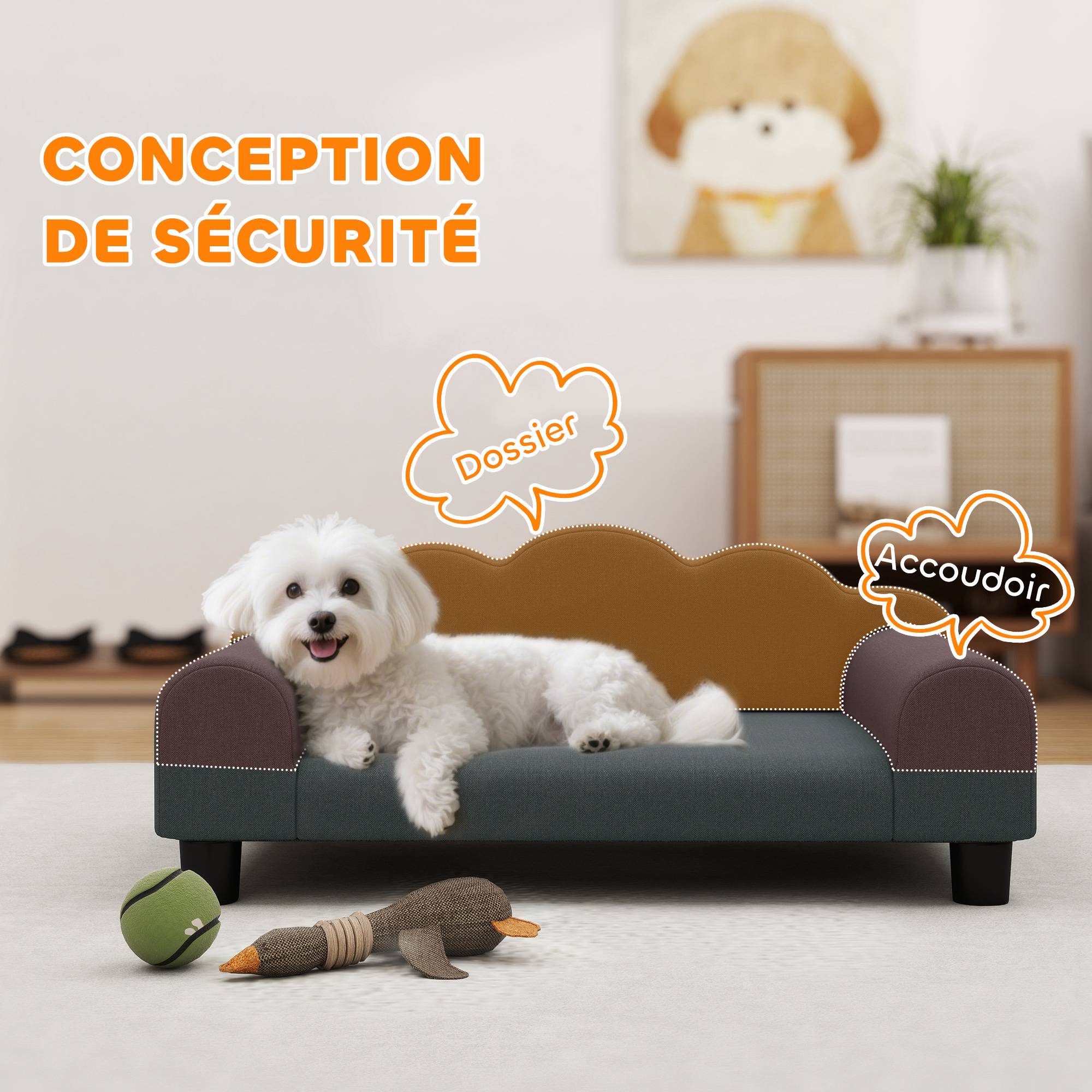 Sans Marque - Canapé pour chien, canapé pour animal de compagnie avec dossier et accoudoirs, respirant, 66 x 42 x 28,5 cm, gris foncé - Image 7