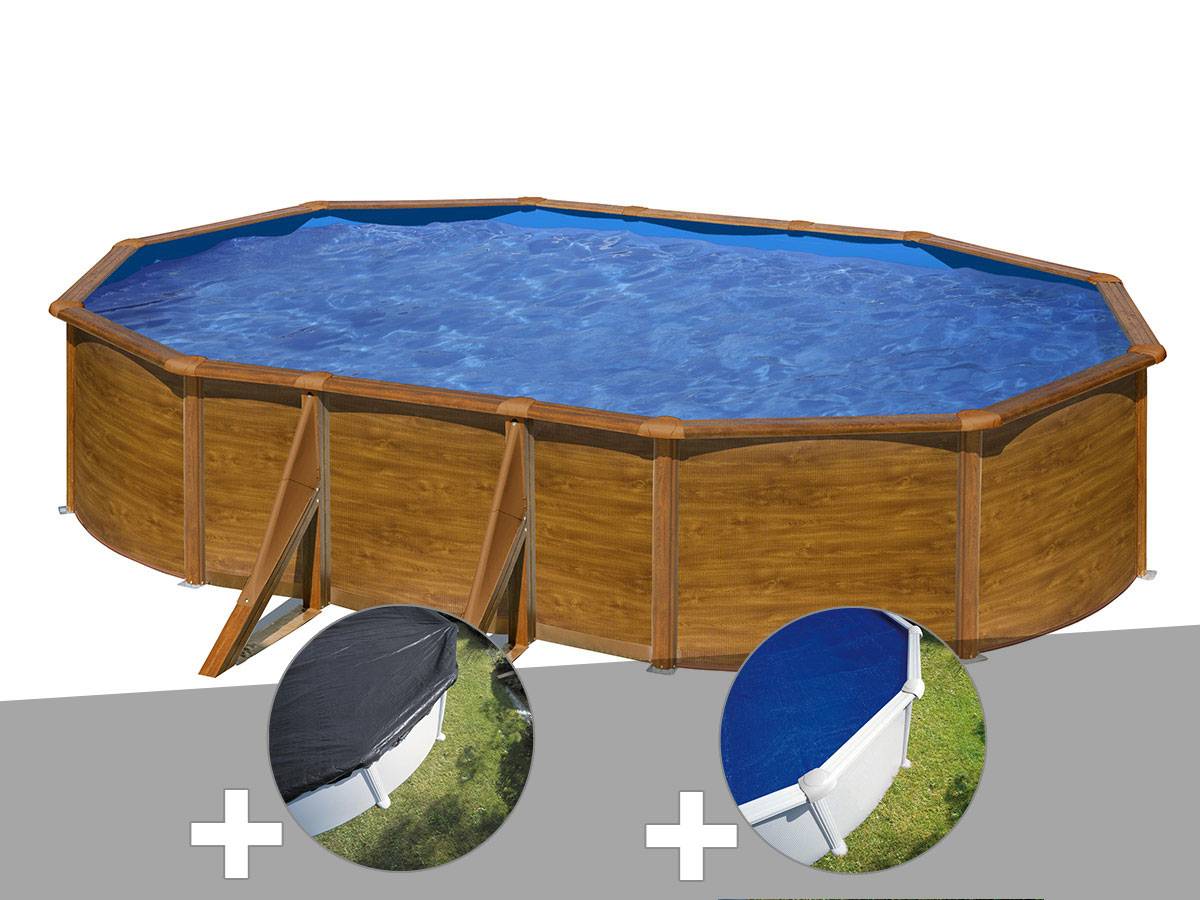 Gré - Kit piscine acier aspect bois Gré Pacific ovale 5,27 x 3,27 x 1,22 m + Bâche d'hivernage + Bâche à bulles