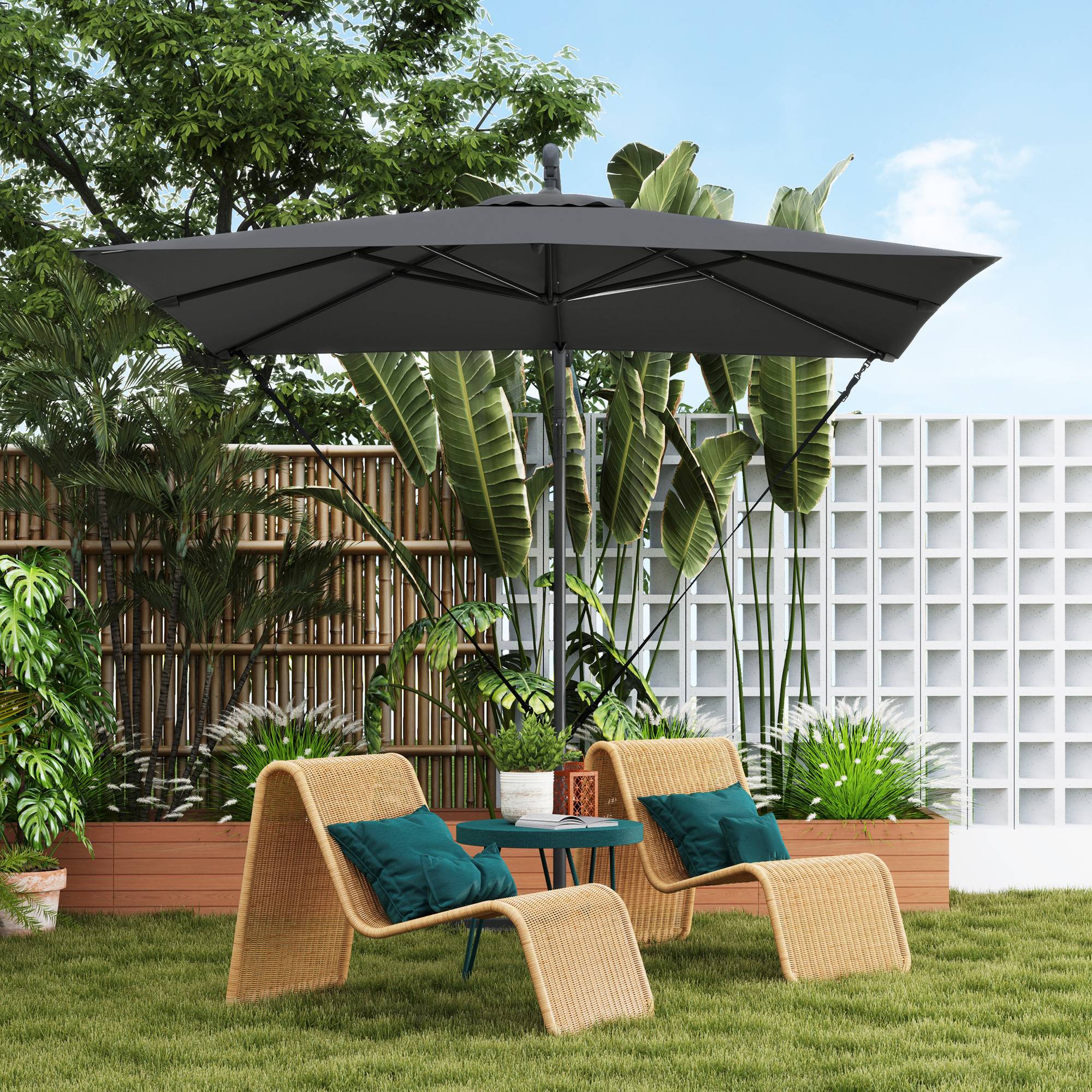Parasol déporté parasol de jardin extérieur Toile ajustable 8 baleines base en croix manivelle, 2,5 x 2,5 m, gris foncé - Image 4