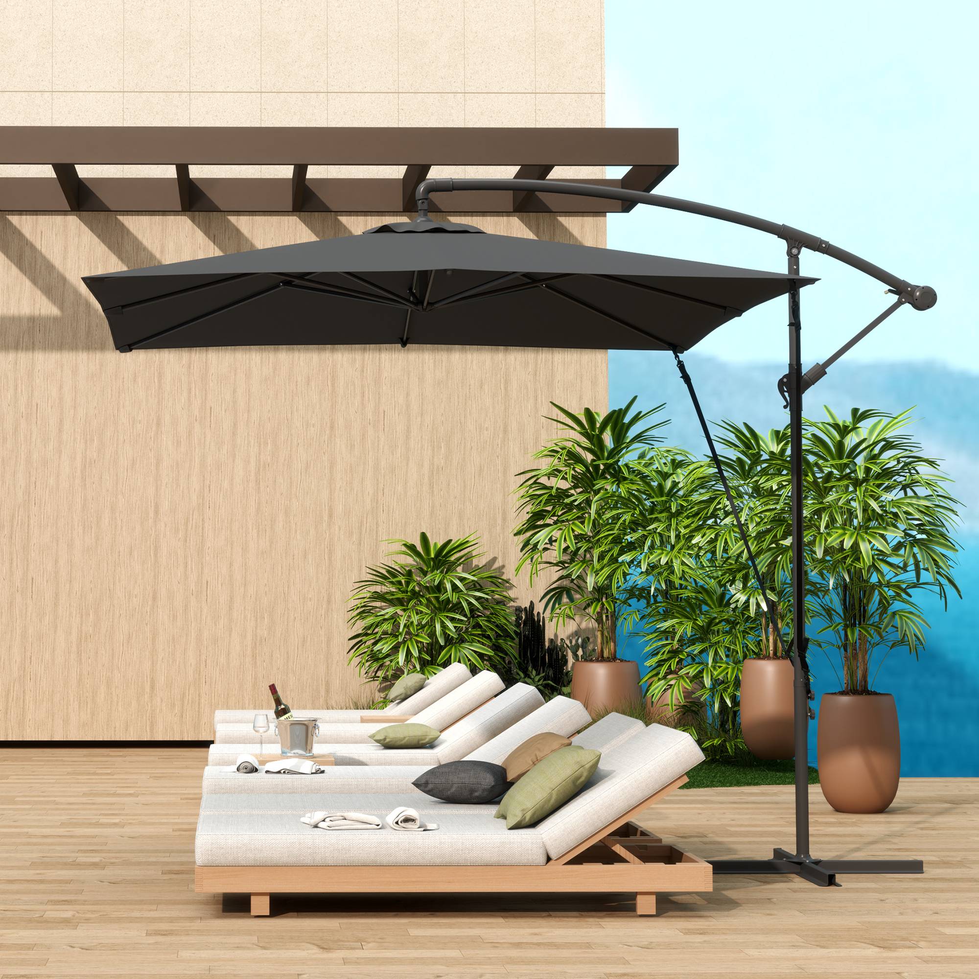 Parasol déporté parasol de jardin extérieur Toile ajustable 8 baleines base en croix manivelle, 2,5 x 2,5 m, gris foncé - Image 3