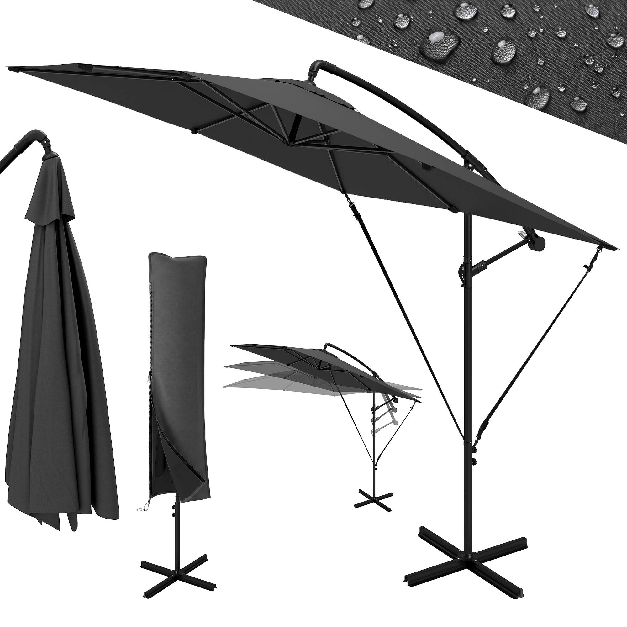 Parasol déporté parasol de jardin extérieur Toile ajustable 8 baleines base en croix manivelle, 2,5 x 2,5 m, gris foncé - Image 2