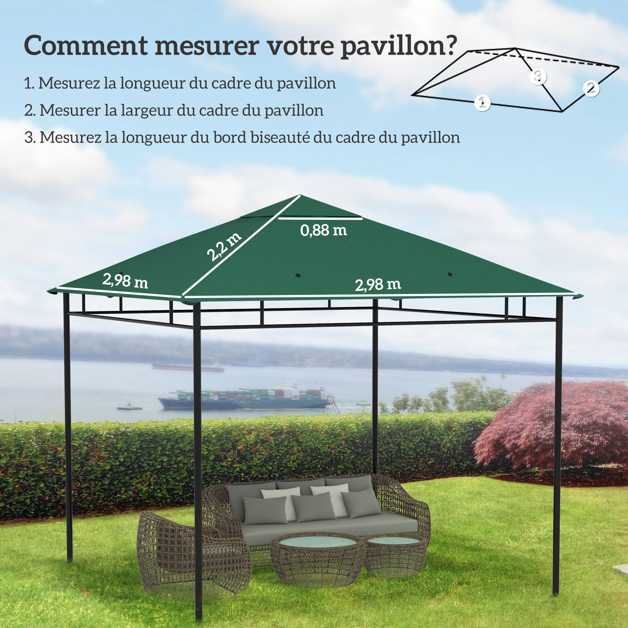 Toile de rechange pour pavillon toit de remplacement gazebo tissu polyester haute densité 180 g/m² anti-UV 3 x 3 m vert - Image 5