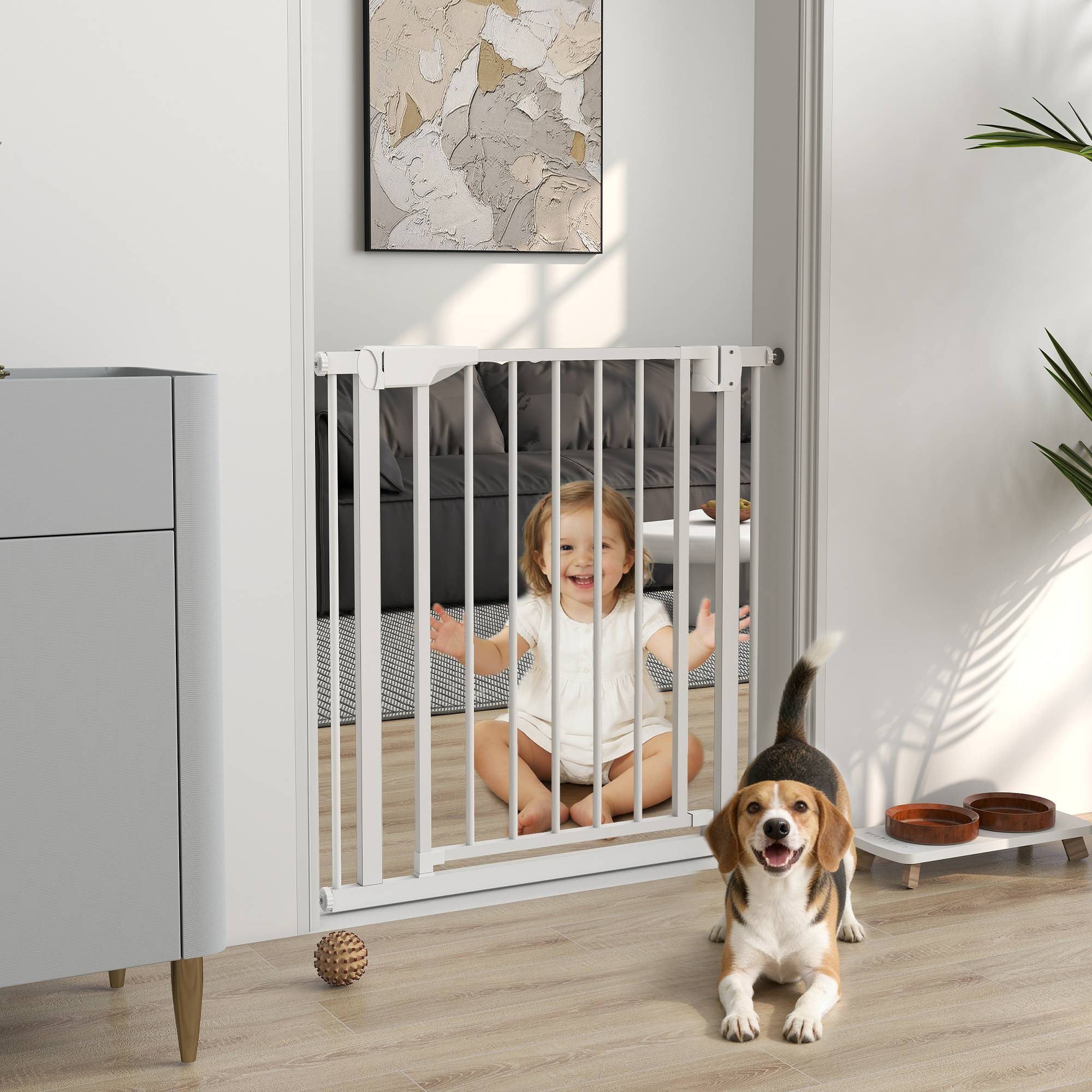 Barrière de sécurité pour enfants et chiens, largeur 76-81 cm, double verrouillage et fermeture automatique, ouverture bidirectionnelle, blanche - Image 4