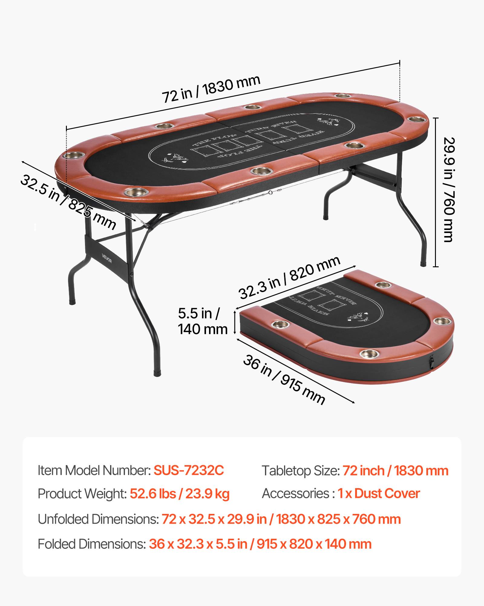 Vevor - VEVOR Table de Poker Ovale Pliable de 183 cm pour 8 Joueurs Casino Blackjack - Image 7