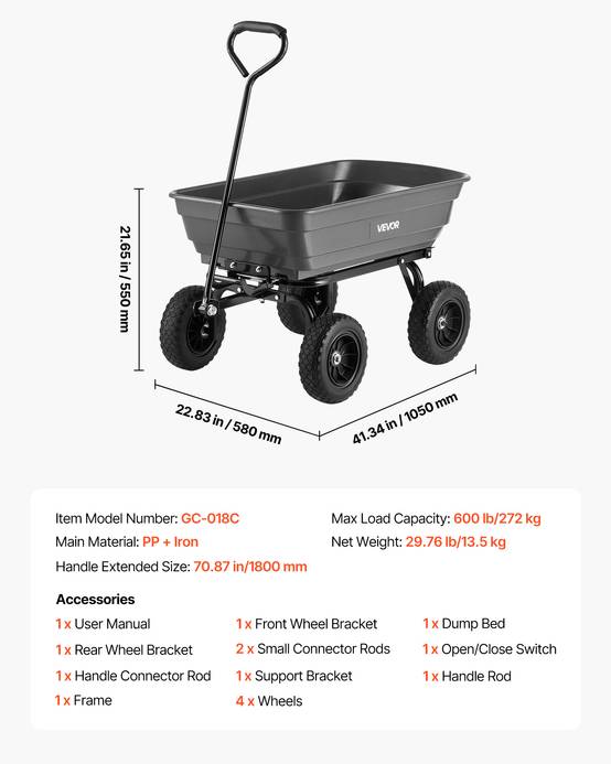 VEVOR Chariot de Jardin Basculant Chariot Benne PP Max. 272 kg Basculement à 90° - Image 7
