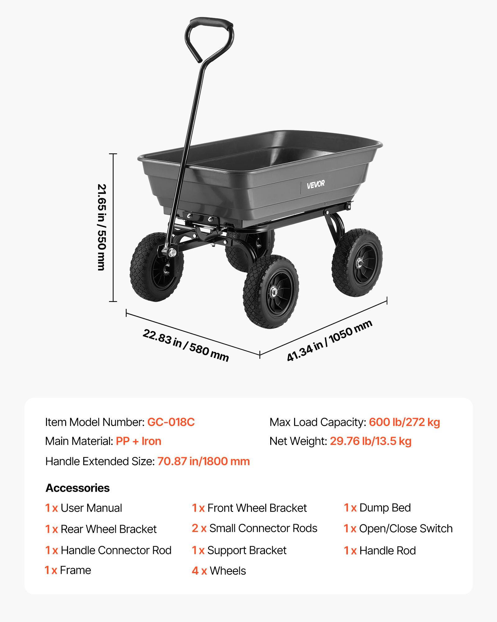 VEVOR Chariot de Jardin Basculant Chariot Benne PP Max. 272 kg Basculement à 90° - Image 7