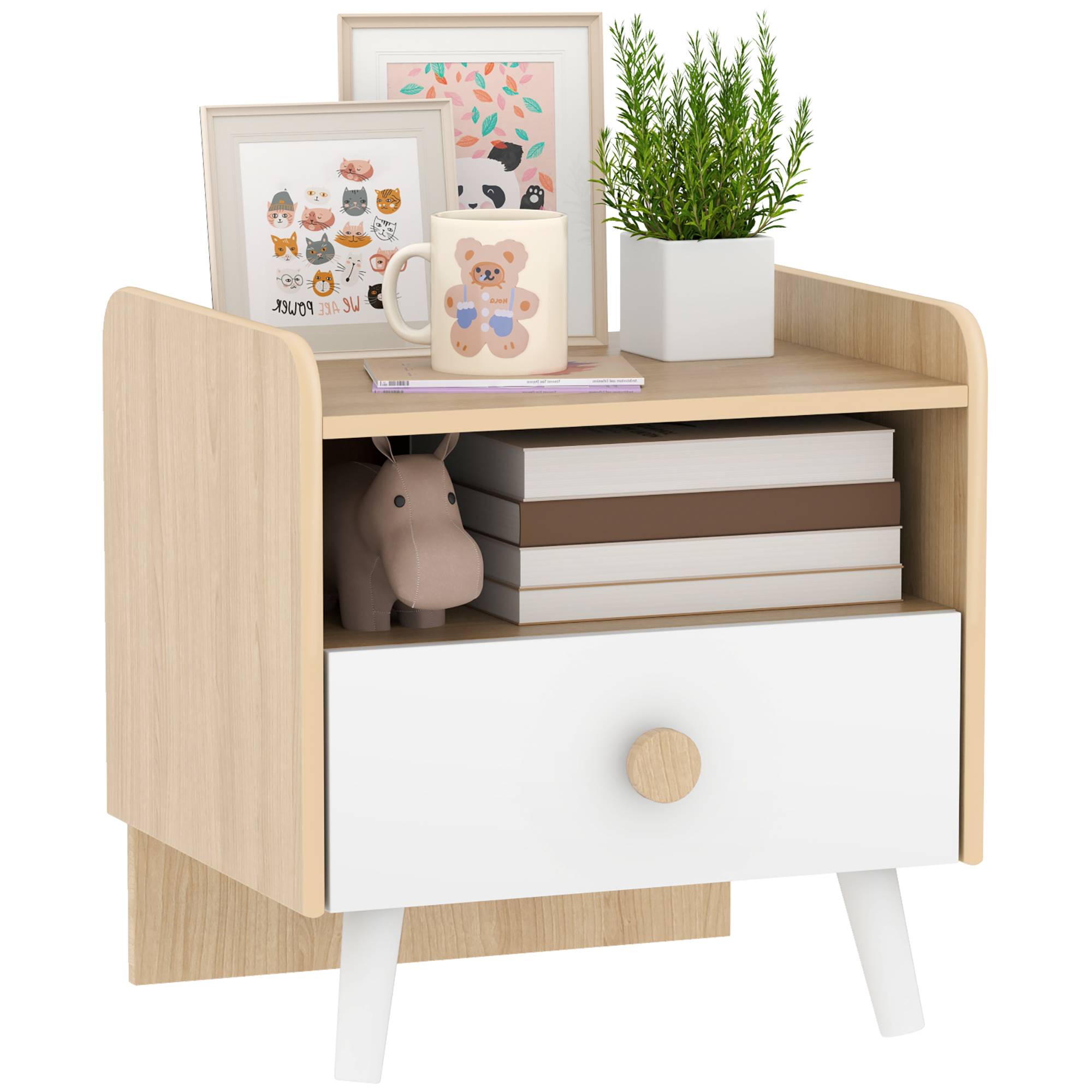 Sans Marque - Table de chevet enfant table de nuit enfant avec tiroir et niche, petite table d'appoint en bois pour chambre d'enfant - Image 1