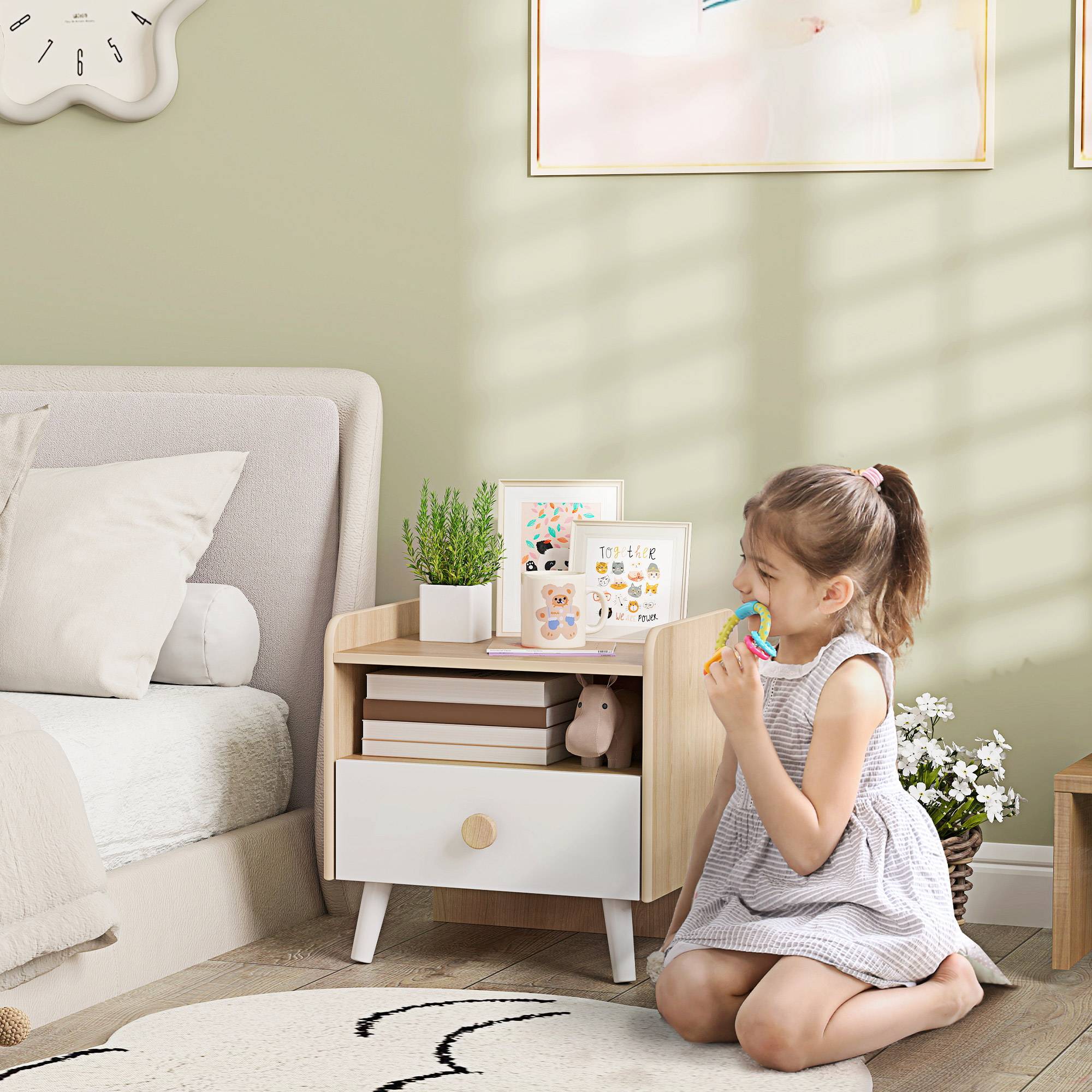 Sans Marque - Table de chevet enfant table de nuit enfant avec tiroir et niche, petite table d'appoint en bois pour chambre d'enfant - Image 3