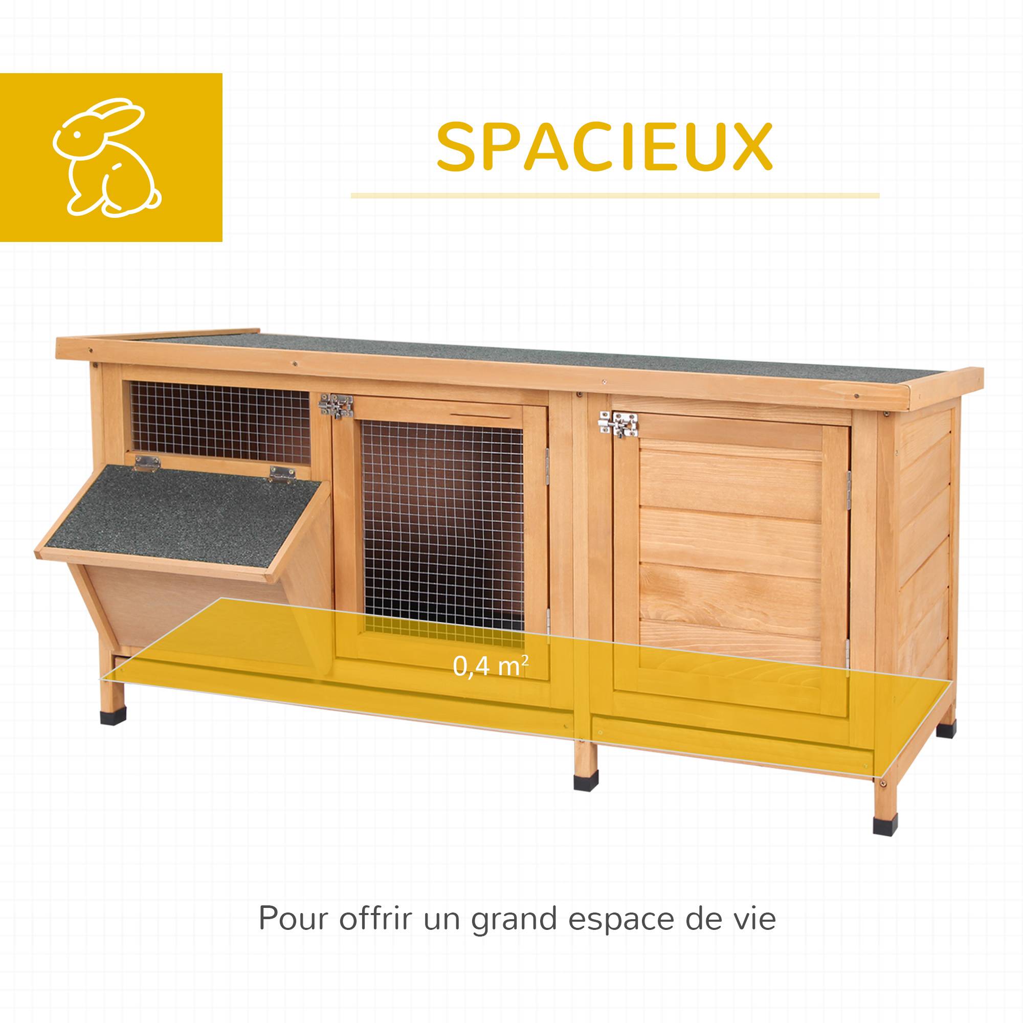 Clapier sur pied, toit bitumé ouvrant, 2 portes, 2 tiroirs coulissants, mangeoire, bois sapin, 112x50x54 cm, bois naturel/noir - Image 6