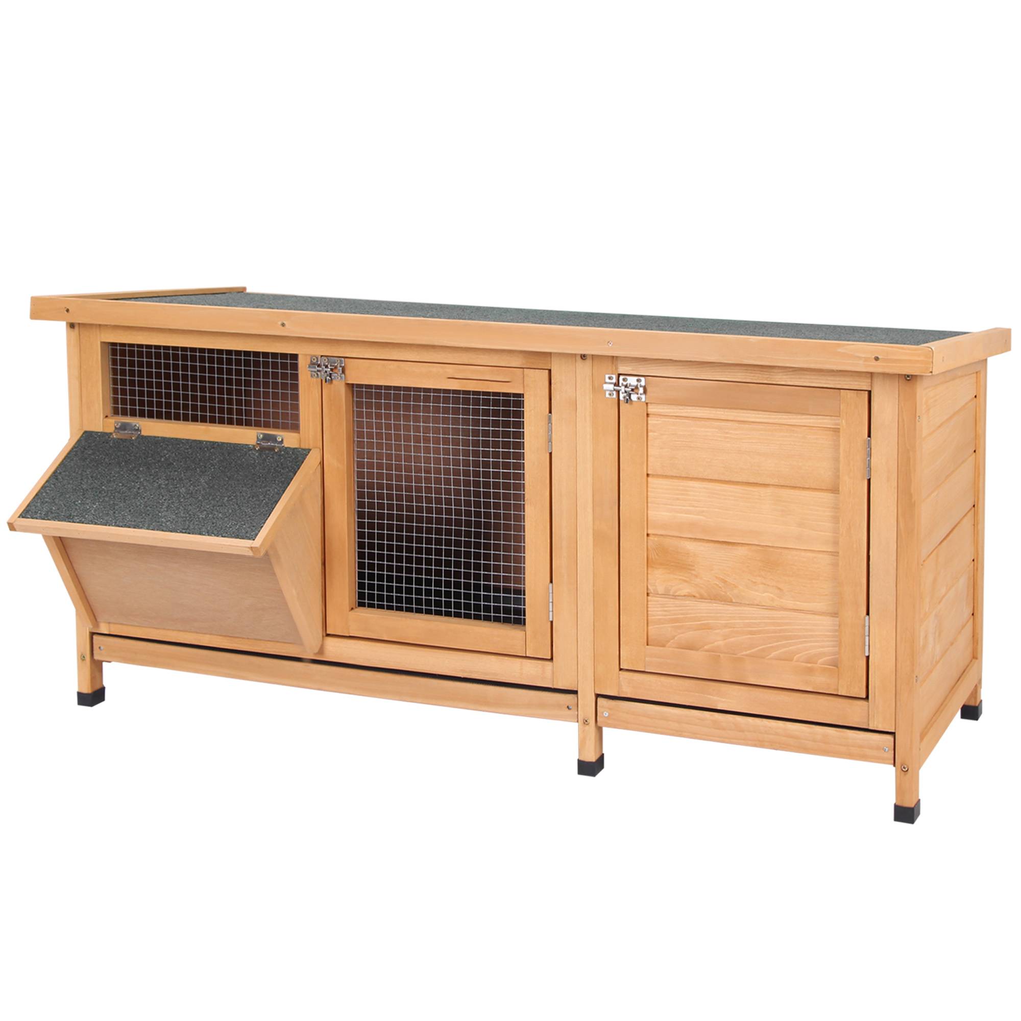 Clapier sur pied, toit bitumé ouvrant, 2 portes, 2 tiroirs coulissants, mangeoire, bois sapin, 112x50x54 cm, bois naturel/noir - Image 2