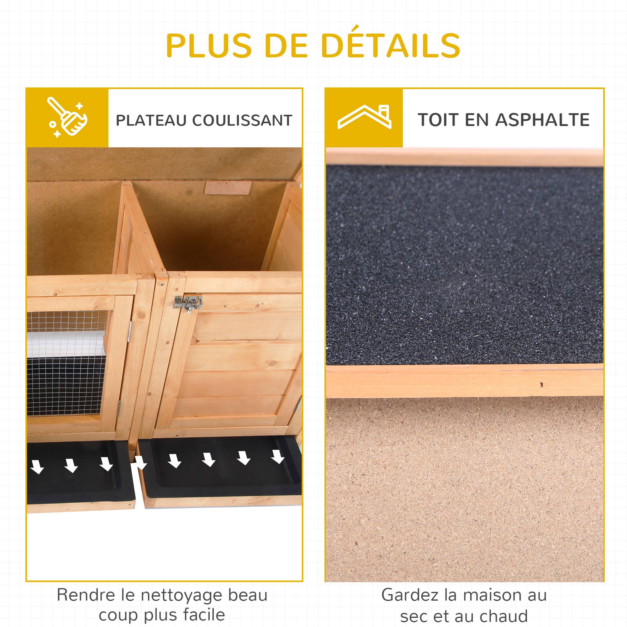 Clapier sur pied, toit bitumé ouvrant, 2 portes, 2 tiroirs coulissants, mangeoire, bois sapin, 112x50x54 cm, bois naturel/noir - Image 9