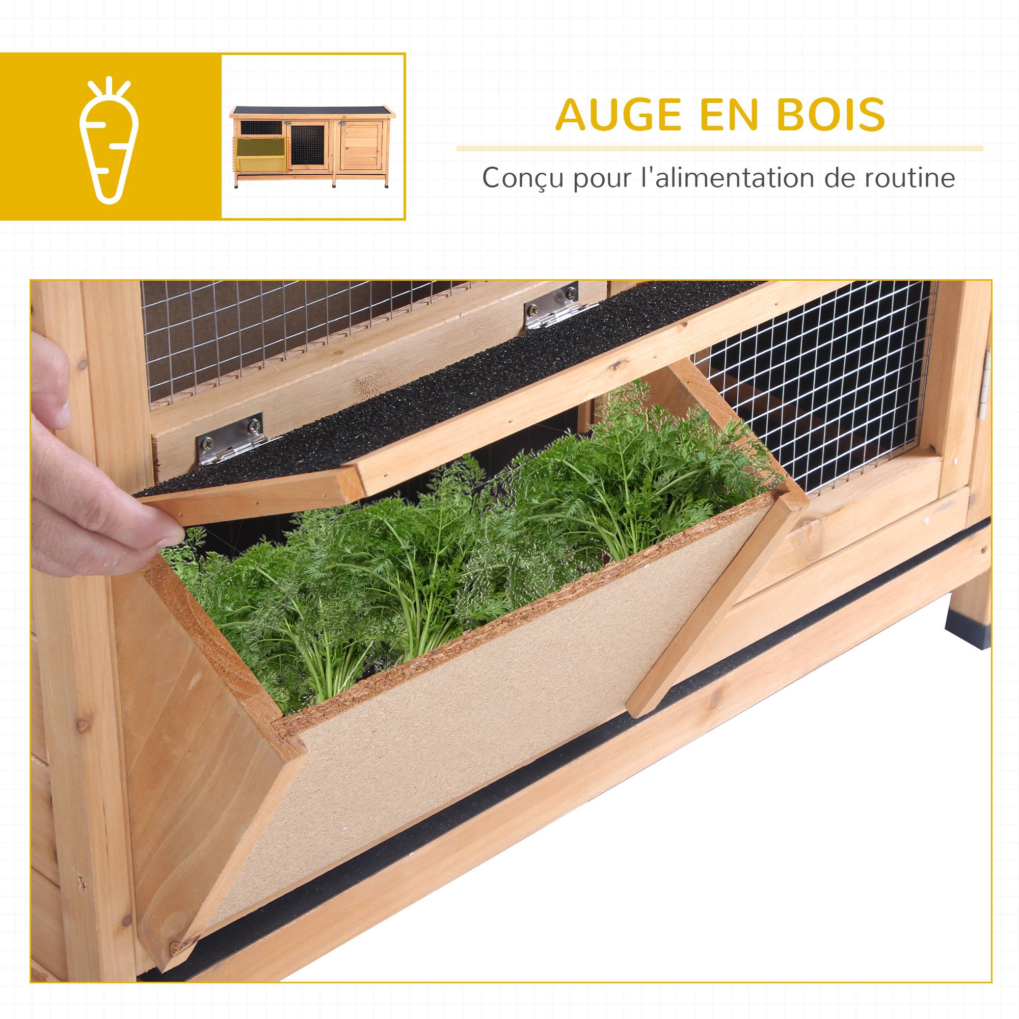 Clapier sur pied, toit bitumé ouvrant, 2 portes, 2 tiroirs coulissants, mangeoire, bois sapin, 112x50x54 cm, bois naturel/noir - Image 8