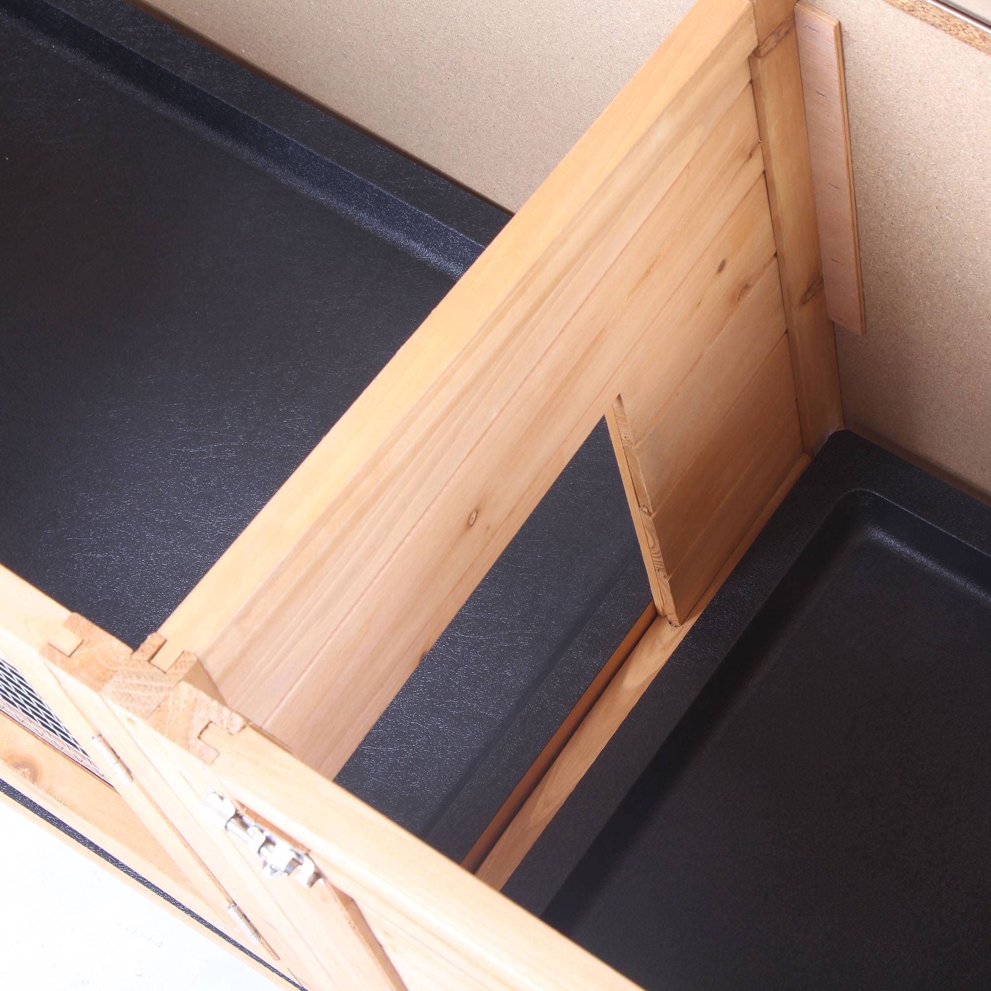 Clapier sur pied, toit bitumé ouvrant, 2 portes, 2 tiroirs coulissants, mangeoire, bois sapin, 112x50x54 cm, bois naturel/noir - Image 10