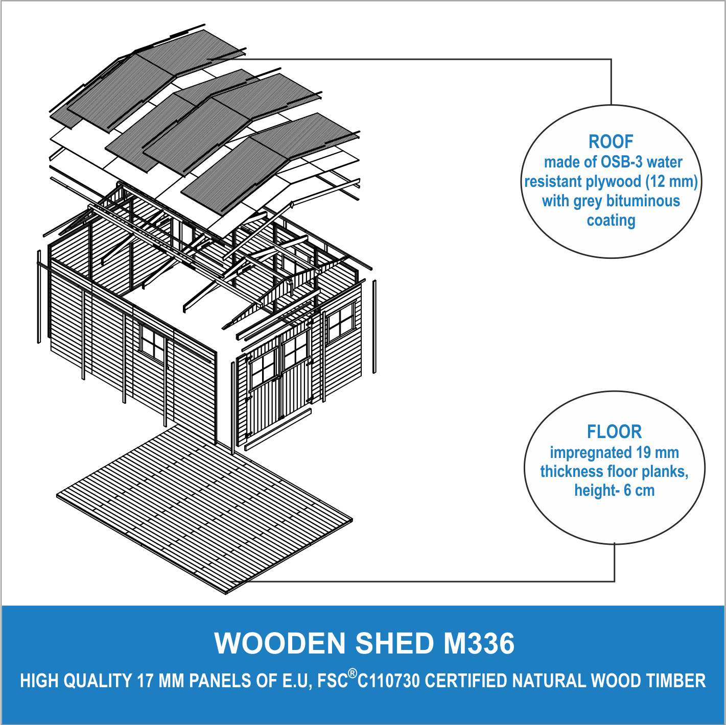 Timbela - Abri de Jardin en Bois Exterieur H226x324x416 cm/12 m² avec les planchers imprégné - 17 mm d’épaisseur - Timbela M336+M336G - Image 7