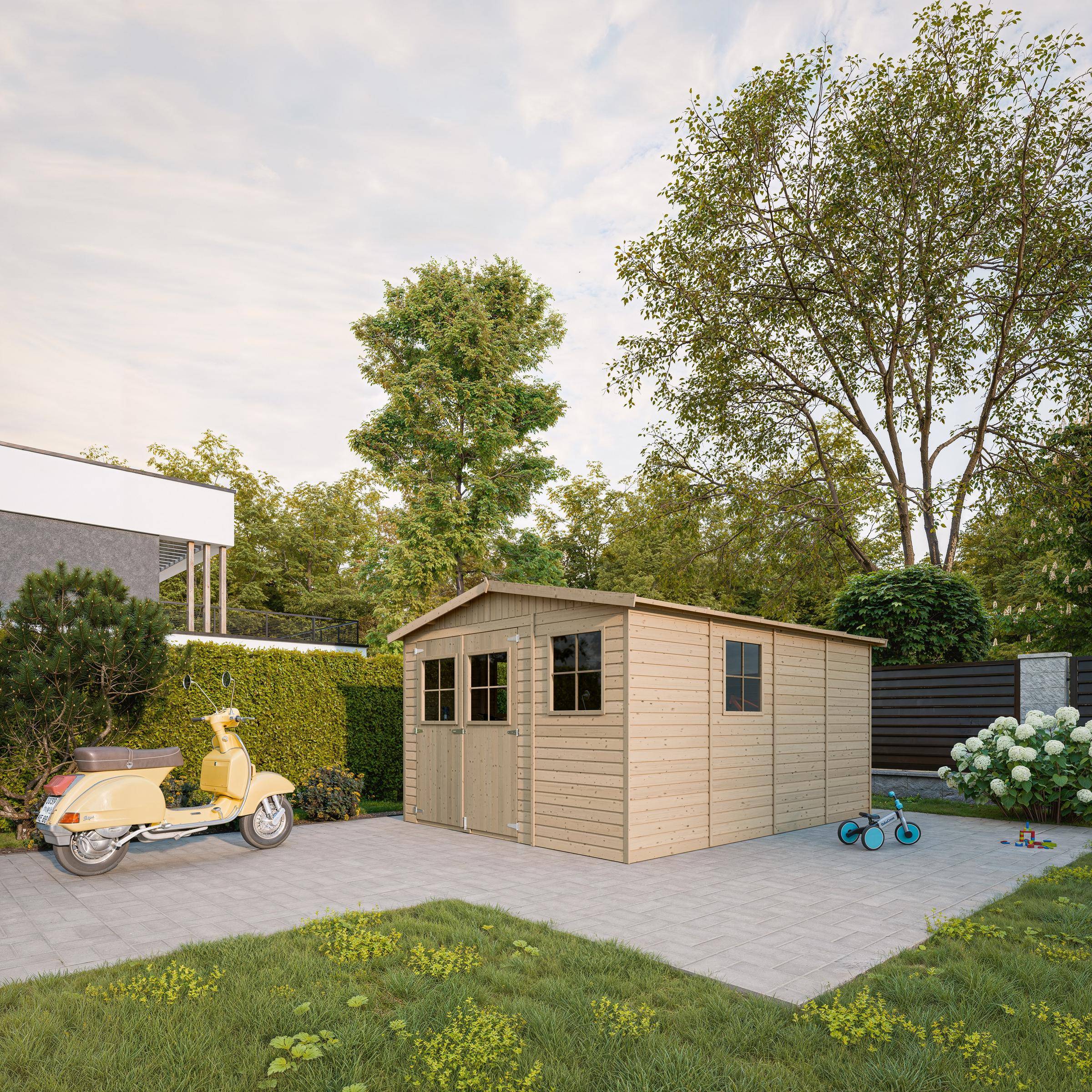 Timbela - Abri de Jardin en Bois Exterieur H226x324x416 cm/12 m² avec les planchers imprégné - 17 mm d’épaisseur - Timbela M336+M336G - Image 1