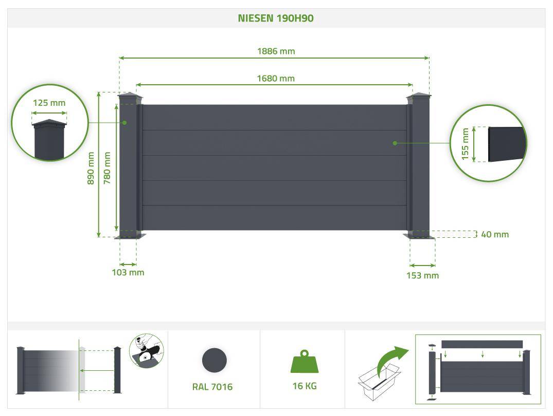 Casanoov Lot de 2 kits de clôture aluminium NIESEN H.90  cm - kits complet 3.8m - Image 2