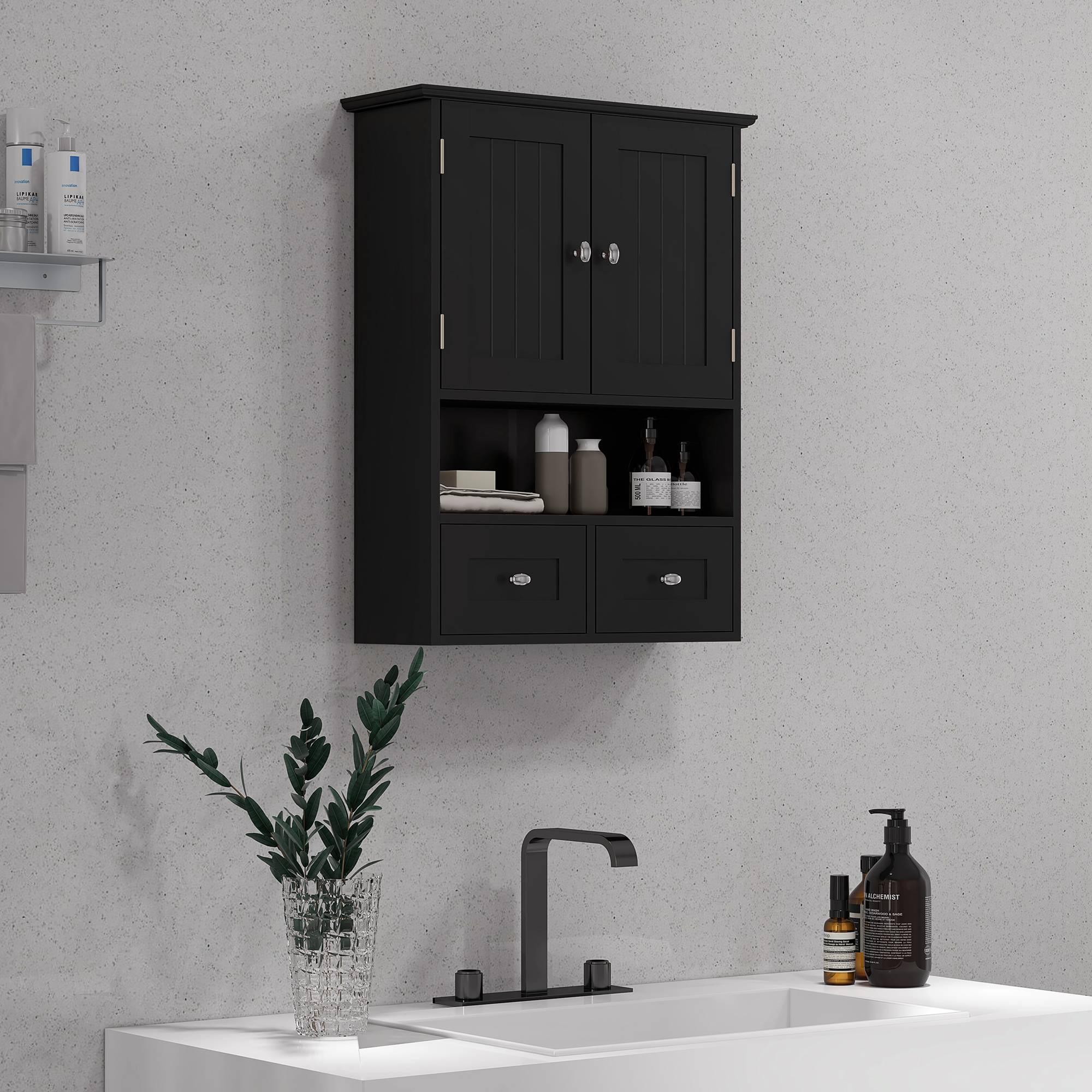 Sans Marque - Meuble salle bain mural unité rangement suspendue 2 portes 2 tiroirs 50,8x17,8x66 cm noir - Image 4