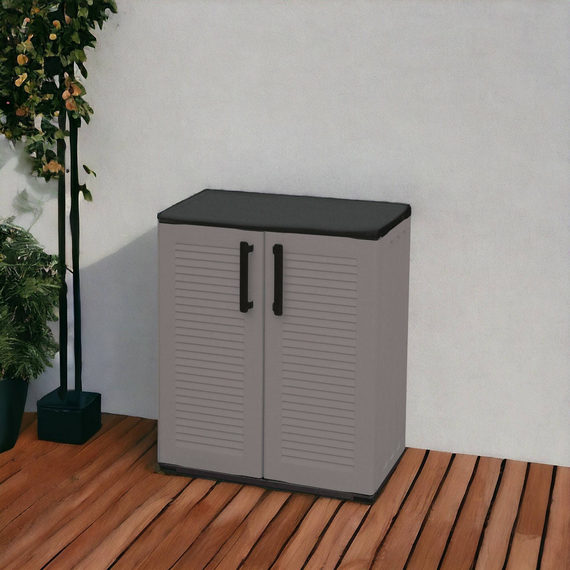 Dmora - Armoire d'extérieur Dbavagnol, Armoire de balcon polyvalente, Armoire d'extérieur avec 2 portes, 68x37h84 cm, Finition rayée, Gris et Noir - Dmora - Image 2