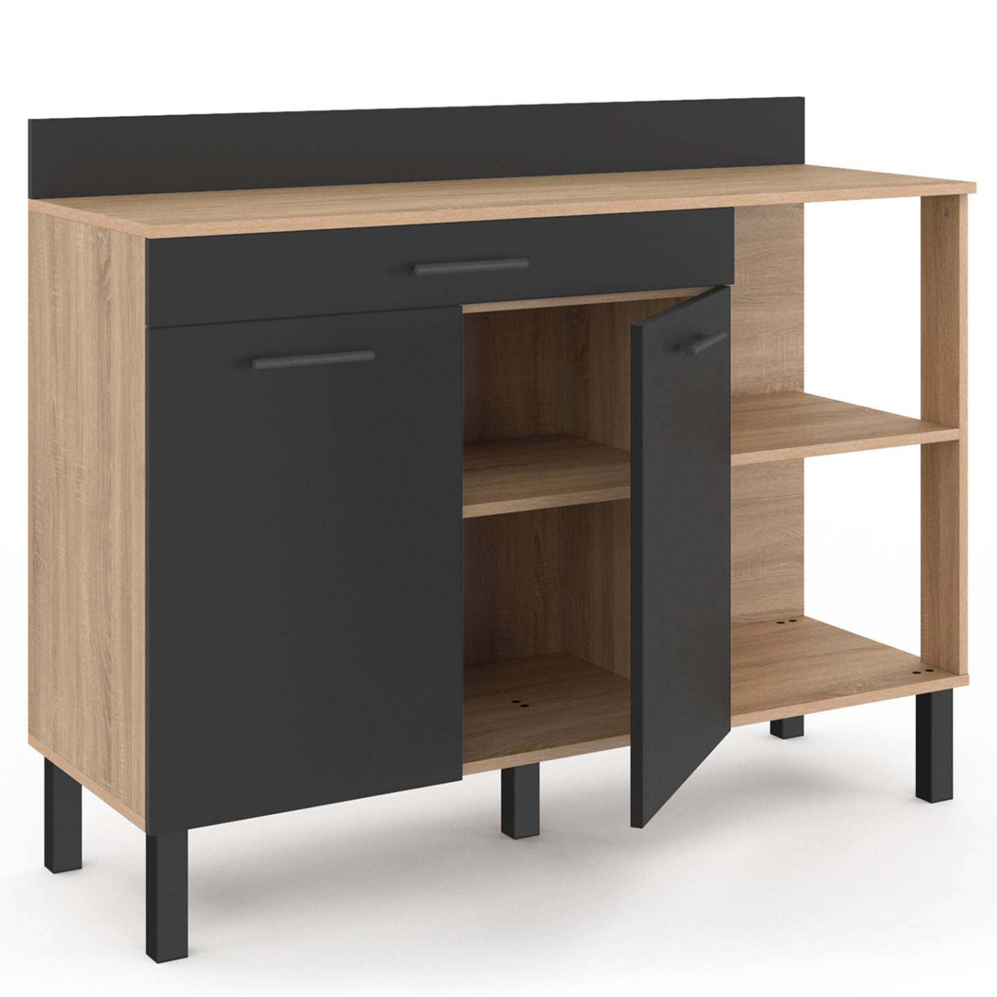 Buffet bas de cuisine 120 CM CINA plan de travail H.83 cm 2 portes + tiroir façon hêtre et noir - Image 4