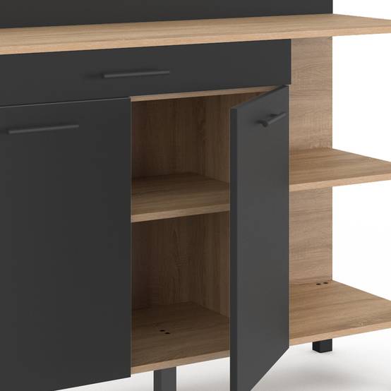 Buffet bas de cuisine 120 CM CINA plan de travail H.83 cm 2 portes + tiroir façon hêtre et noir - Image 6