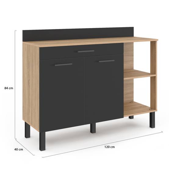 Buffet bas de cuisine 120 CM CINA plan de travail H.83 cm 2 portes + tiroir façon hêtre et noir - Image 5