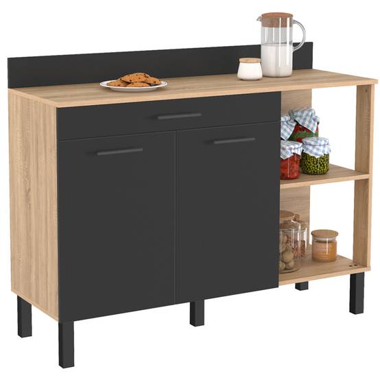 Buffet bas de cuisine 120 CM CINA plan de travail H.83 cm 2 portes + tiroir façon hêtre et noir - Image 2