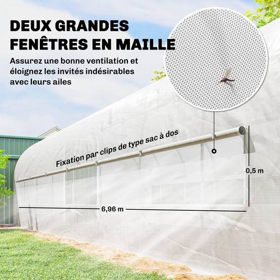 Serre tunnel de jardin 24m², serre de jardin tunnel avec cadre en acier galvanisé, portes et 2 grandes fenêtres, blanc - Image 8