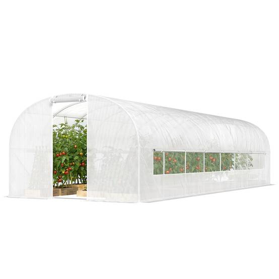 Serre tunnel de jardin 24m², serre de jardin tunnel avec cadre en acier galvanisé, portes et 2 grandes fenêtres, blanc - Image 2