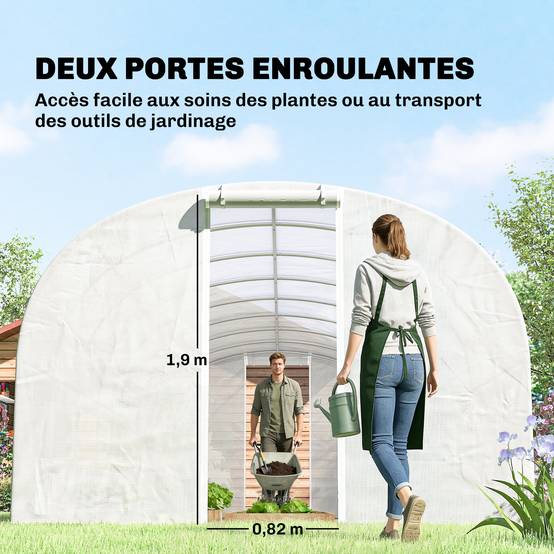 Serre tunnel de jardin 24m², serre de jardin tunnel avec cadre en acier galvanisé, portes et 2 grandes fenêtres, blanc - Image 9
