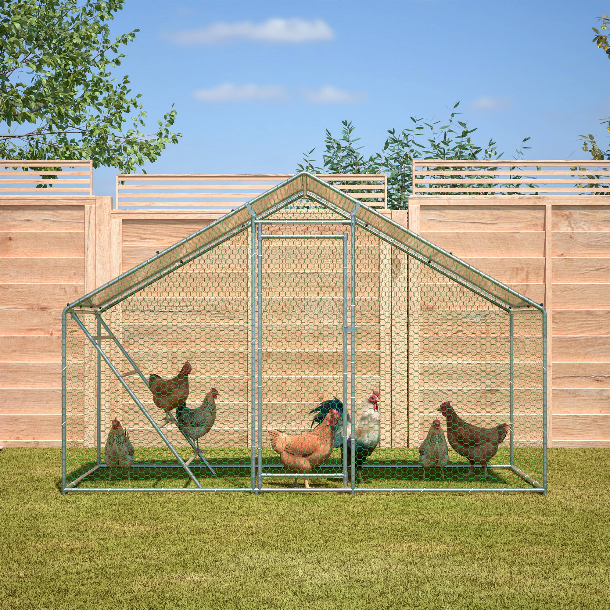 COSTWAY Enclos Poulailler 16 m² en Acier Galvanisé avec Porte et Toit en Tissu Oxford, 6 x 3 x 1,95 M, pour Lapin, Poulet et Canard - Animalerie