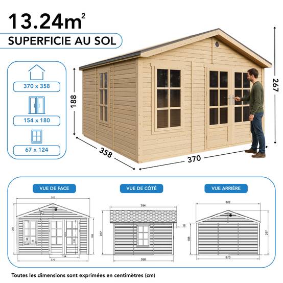 Timbela - Abri de jardin en bois - 13,24 m² - 394x382xH267 cm - sans plancher avec bardeaux bitumineux couleur gris - 17 mm d’épaisseur - Timbela M735A - Image 6