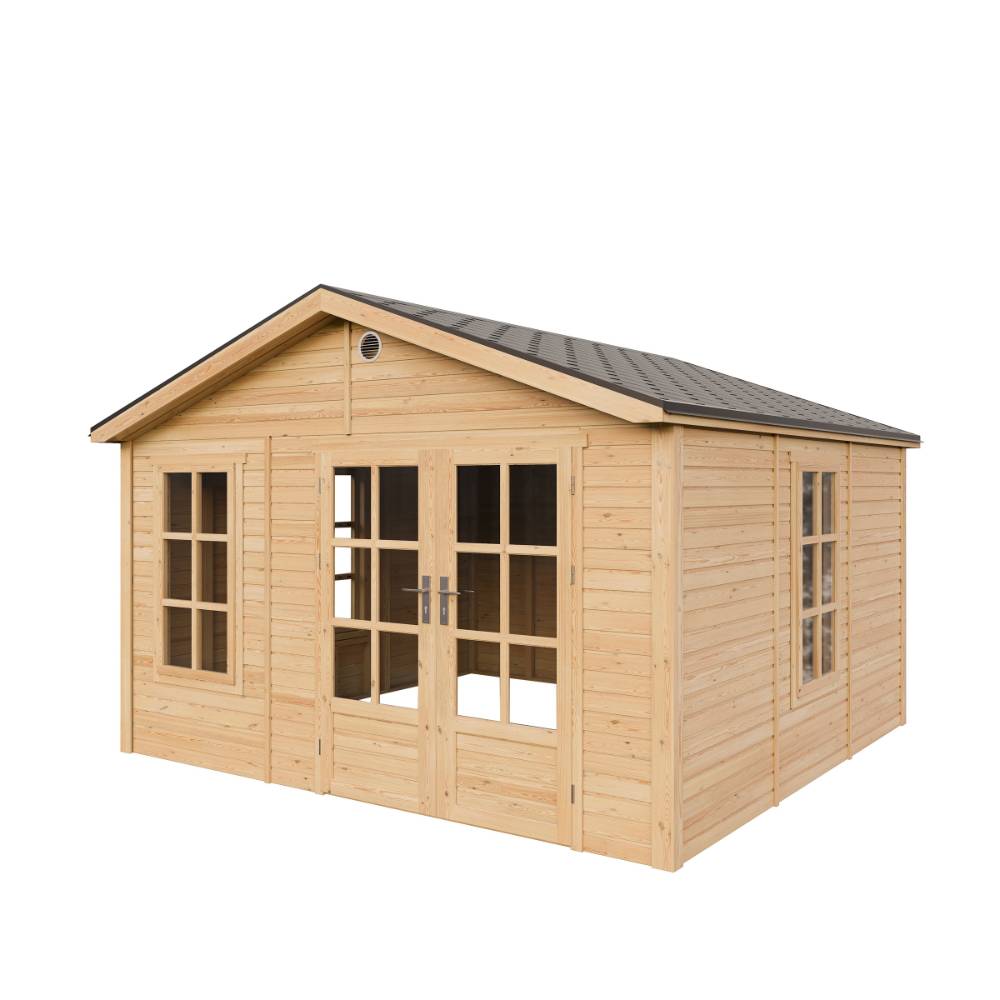 Timbela - Abri de jardin en bois - 13,24 m² - 394x382xH267 cm - sans plancher avec bardeaux bitumineux couleur gris - 17 mm d’épaisseur - Timbela M735A - Image 4