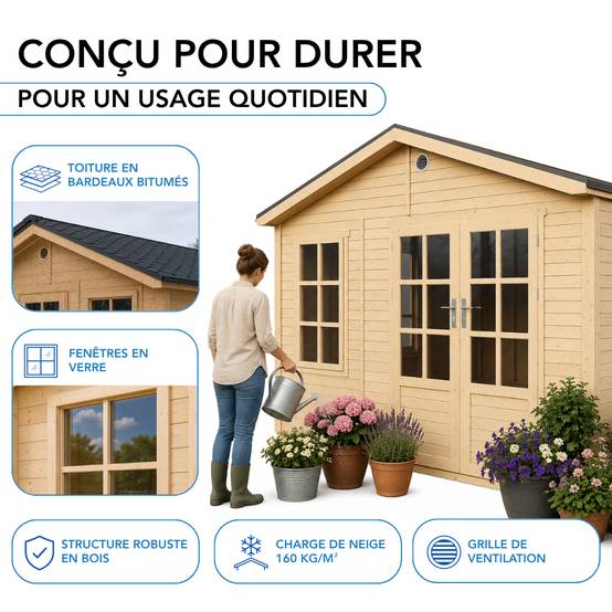 Timbela - Abri de jardin en bois - 13,24 m² - 394x382xH267 cm - sans plancher avec bardeaux bitumineux couleur gris - 17 mm d’épaisseur - Timbela M735A - Image 8