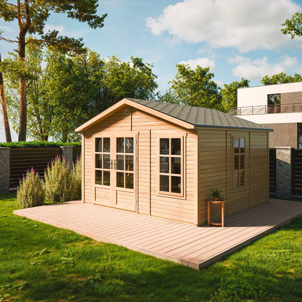 Timbela - Abri de jardin en bois - 13,24 m² - 394x382xH267 cm - sans plancher avec bardeaux bitumineux couleur gris - 17 mm d’épaisseur - Timbela M735A - Image 1