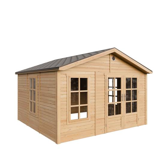 Timbela - Abri de jardin en bois - 13,24 m² - 394x382xH267 cm - sans plancher avec bardeaux bitumineux couleur gris - 17 mm d’épaisseur - Timbela M735A - Image 3