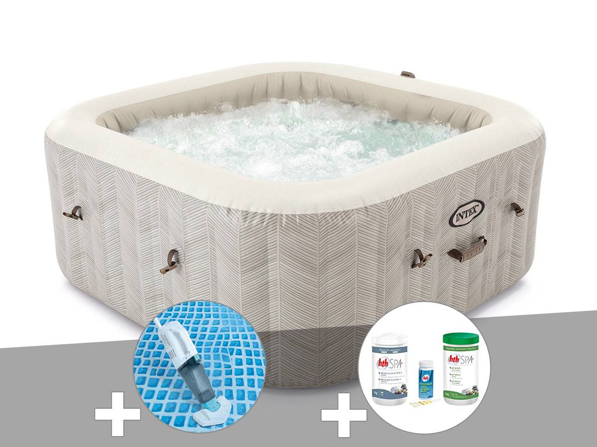 Kit spa gonflable Intex PureSpa Chevron carré Bulles 6 places + Aspirateur + Kit de traitement brome