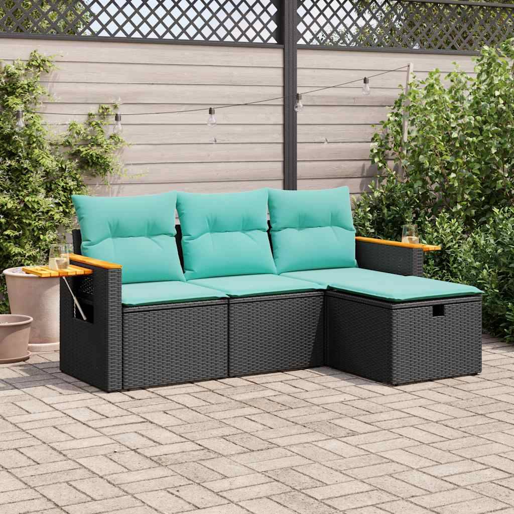 Petit Salon de Jardin 4 pcs Résine Tressée Rangement Astucieux Coussins Épais Table Appoint Intégrée Noir – ComfortXL Outdoor Living - Image 1