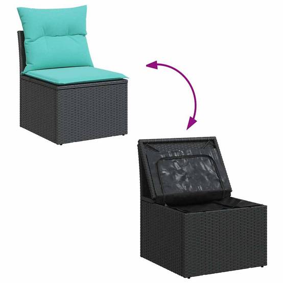 Petit Salon de Jardin 4 pcs Résine Tressée Rangement Astucieux Coussins Épais Table Appoint Intégrée Noir – ComfortXL Outdoor Living - Image 6