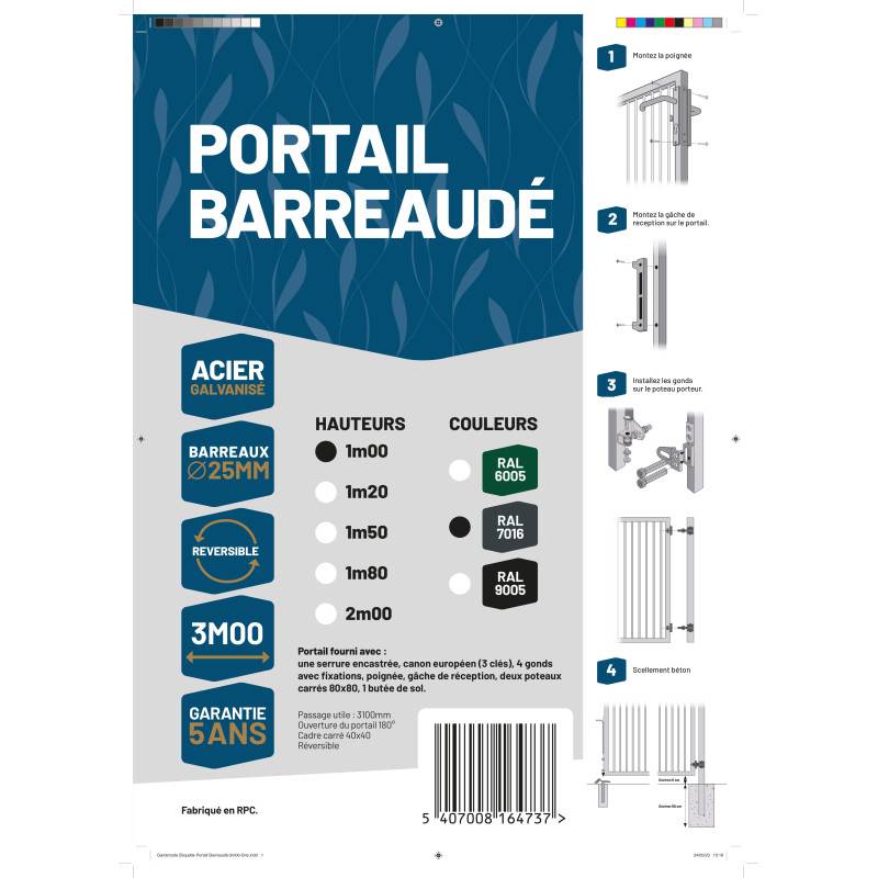 Portail barreaudé acier galvanisé passage 3m00 H 1m00 Gris anthracite - Easy Clôture - Image 4
