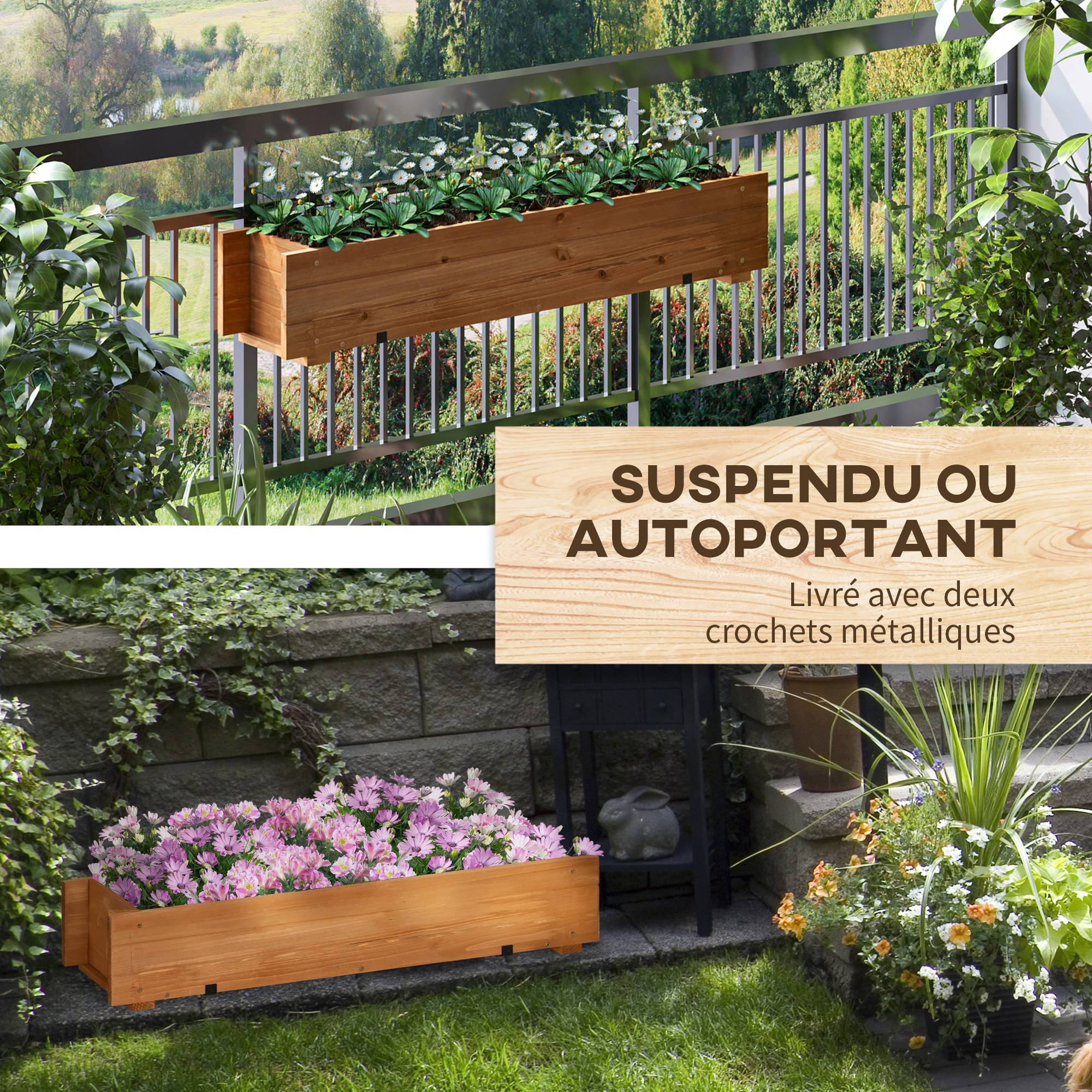 Sans Marque - Jardinière rectangulaire en bois carré potager jardinière à suspendre avec 2 crochets 91 x 18 x 16,5 cm marron - Image 6