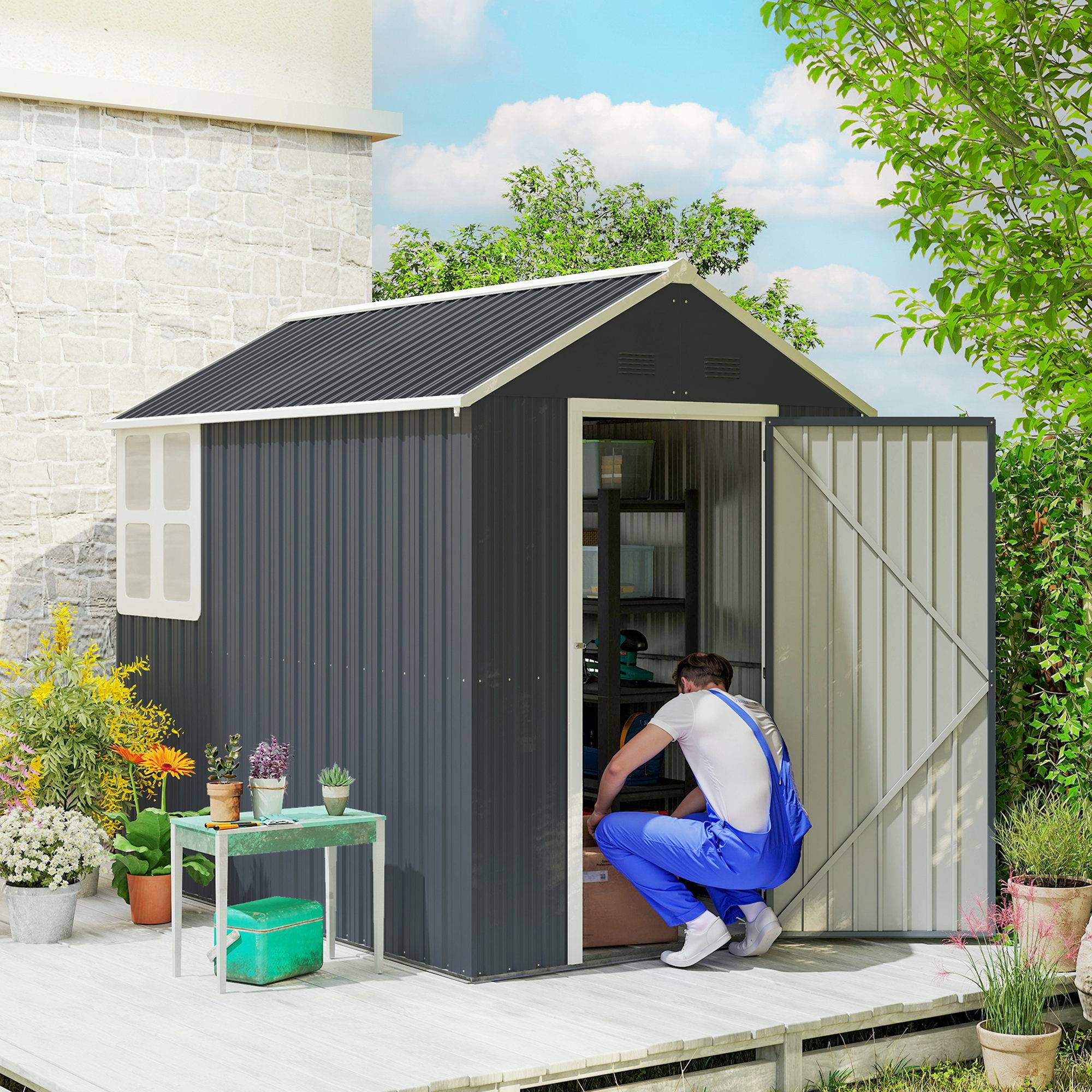 Abri de jardin acier galvanisé polypropylène 259x172x222 cm avec fenêtre, rangement extérieur gris blanc - Image 3