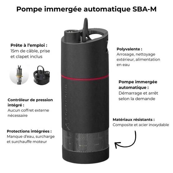 Pompe a eau immergée automatique a usage domestique Grundfos SBA335M - Monophasé 220V - Jusqu'à 3M3/H - Puits et réserves d'eau de pluie - Eaux claire - Image 3